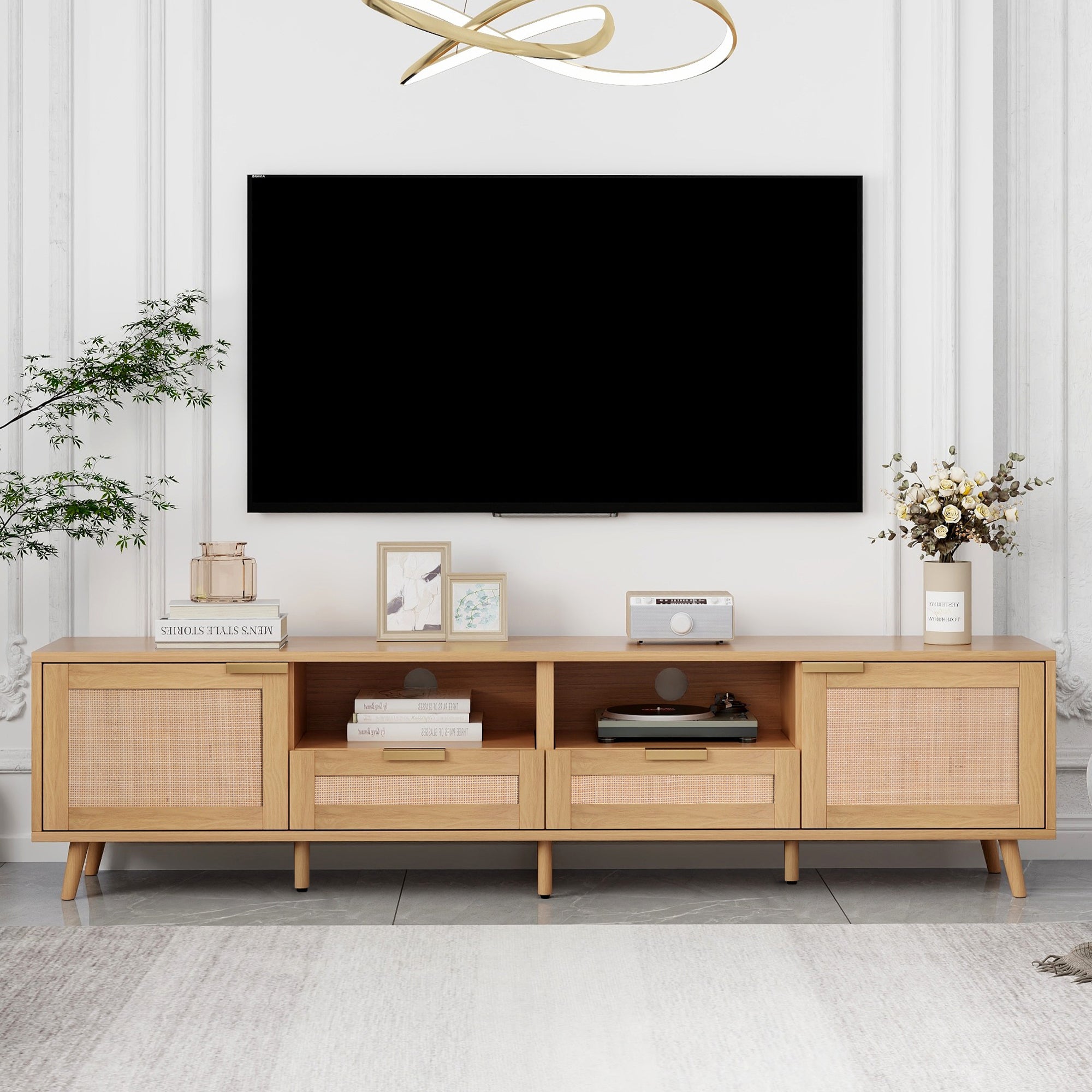 Modern Farmhouse Rattan TV Stand for TVs up to 85'', Solid Wood Legs, Media Console with MDF Board, Living Room Entertainment Center in Wood Finish - Grand Goldman Shop