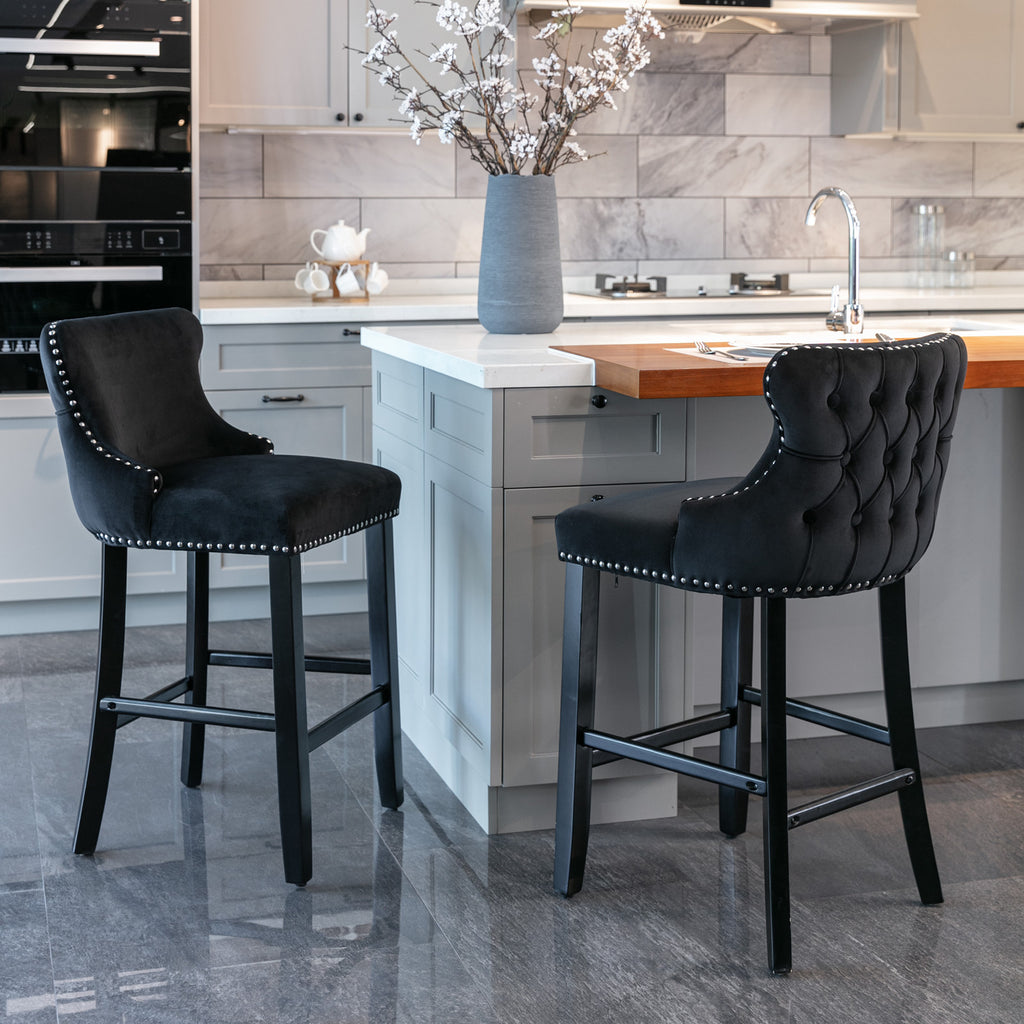 A&A Furniture,Contemporary Velvet Upholstered Wing-Back Barstools with Button Tufted Decoration and Wooden Legs, and Chrome Nailhead Trim, Leisure Style Bar Chairs,Bar stools,Set of 2 (Black),SW1824BK - Grand Goldman Shop