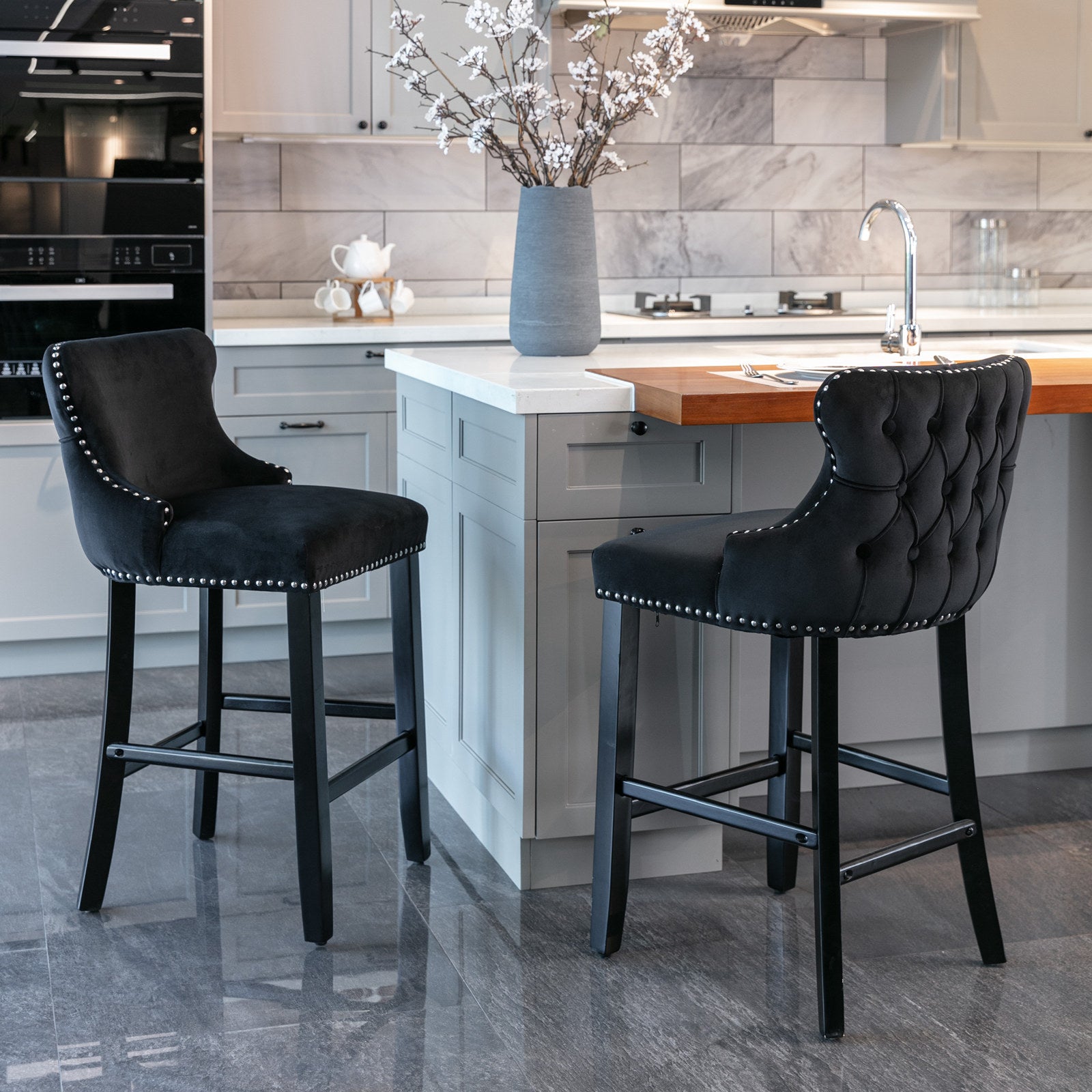A&A Furniture,Contemporary Velvet Upholstered Wing-Back Barstools with Button Tufted Decoration and Wooden Legs, and Chrome Nailhead Trim, Leisure Style Bar Chairs,Bar stools,Set of 2 (Black),SW1824BK - Grand Goldman Shop