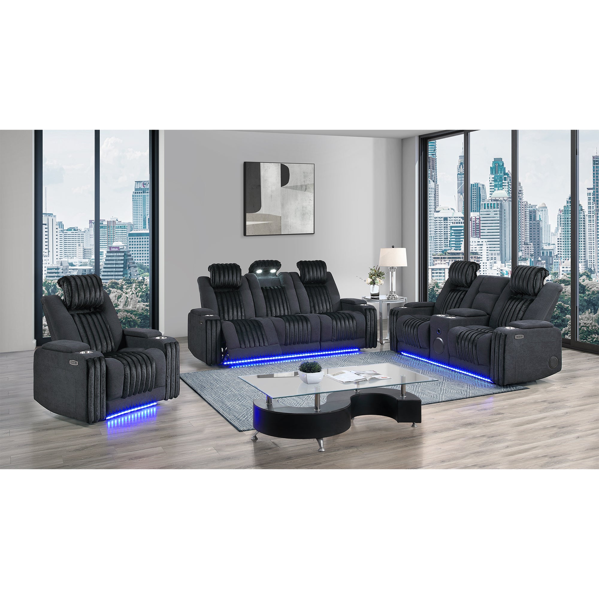 Duran Black 3PC Power Reclining Sofa-Loveseat and Recliner with Power Headrest, LED, USB and Bluetooth Speaker - Grand Goldman Shop