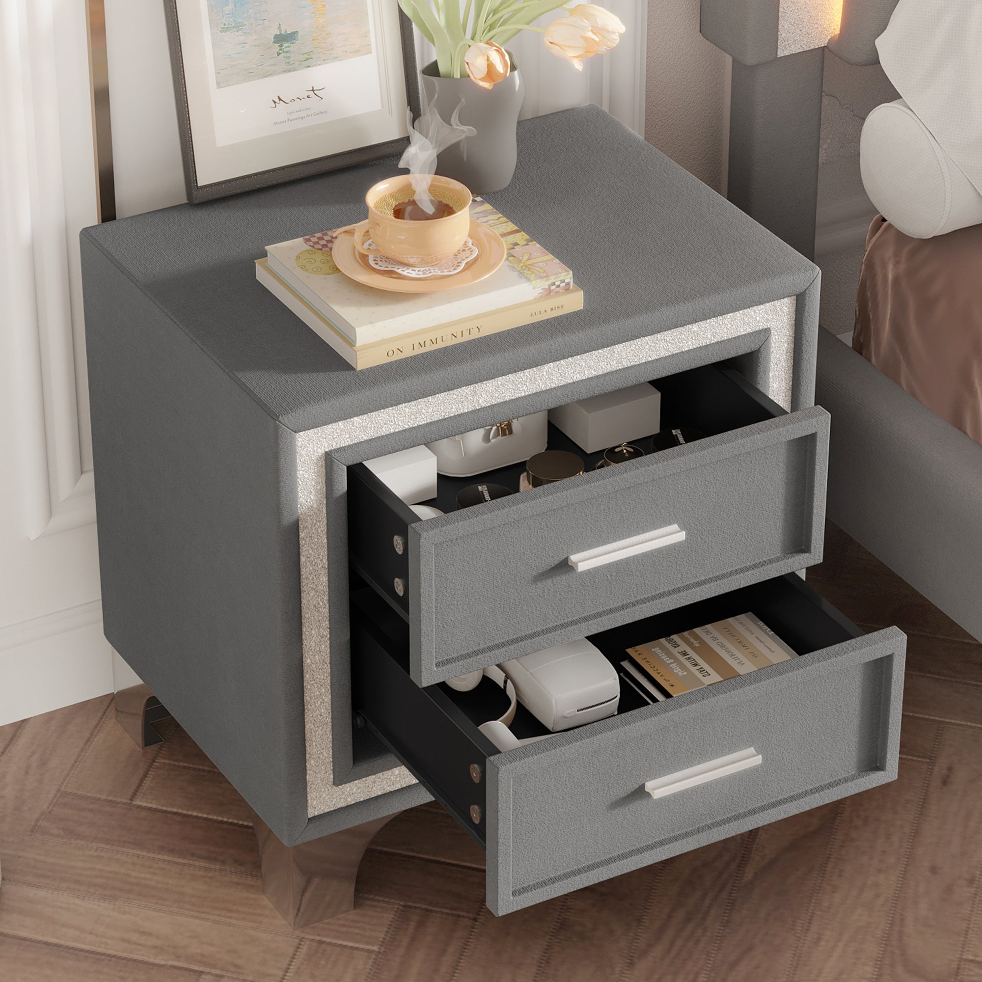 Mid Century Vintage Nightstand with Silver Glitter Strip Decor and Metal Legs, Velvet Bedside Table with 2 Drawers, Fully Assembled Except Legs and Handles, Gray - Grand Goldman Shop