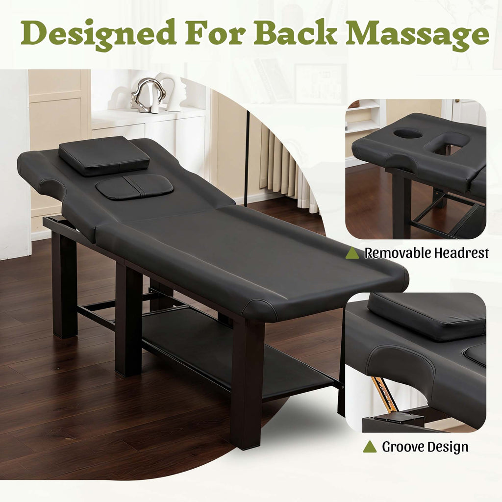 Spa Salon Massage Table with Bottom Storage, Adjustable Backrest (0-15°) & Detachable Headrest, High-Resiliency Waterproof Cu
