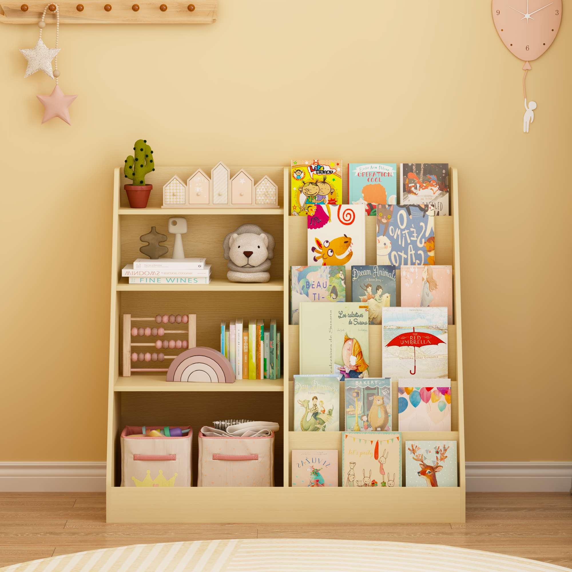 Kids Bookshelf and Toy Storage Organizer, Multifunctional 4 Tier Wooden Kids Book Shelf with  Bookcase Display Stand in Kids 