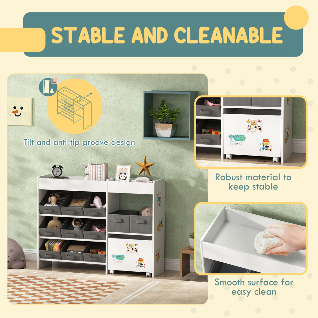 Qaba Toy Storage Organizer with 6 Shelves and 11 Fabric Bins, Moveable Cabinet and 3 Stickers, Toy Organizer for Nursery, Pla