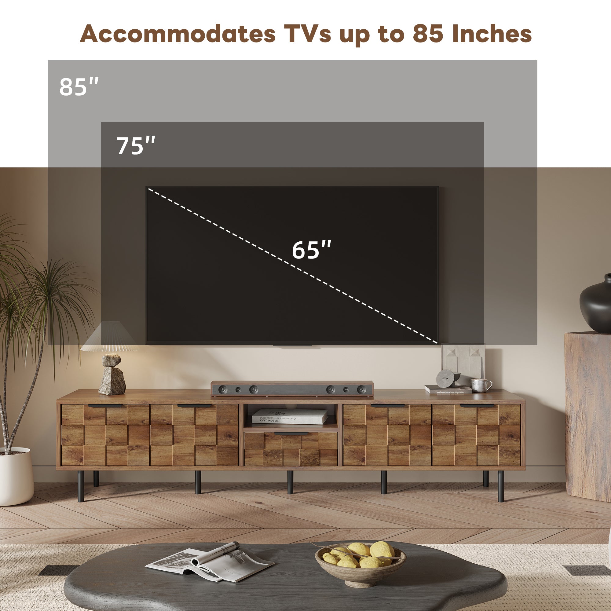 Natural Wood TV Stand for 85 75 65 Inch TV, L-Shaped Handle Entertainment Console with Storage, 78' Long - Grand Goldman Shop