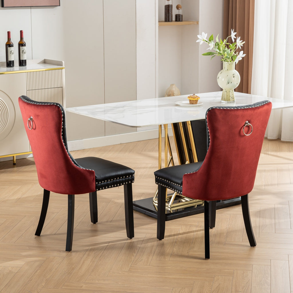 A&A Furniture, Nikki Collection Modern, High-end Tufted Solid Wood Contemporary PU and Velvet Upholstered Dining Chair with Wood Legs Nailhead Trim  2-Pcs Set, Black+WineRed, Burgundy,SW2101BW - Grand Goldman Shop