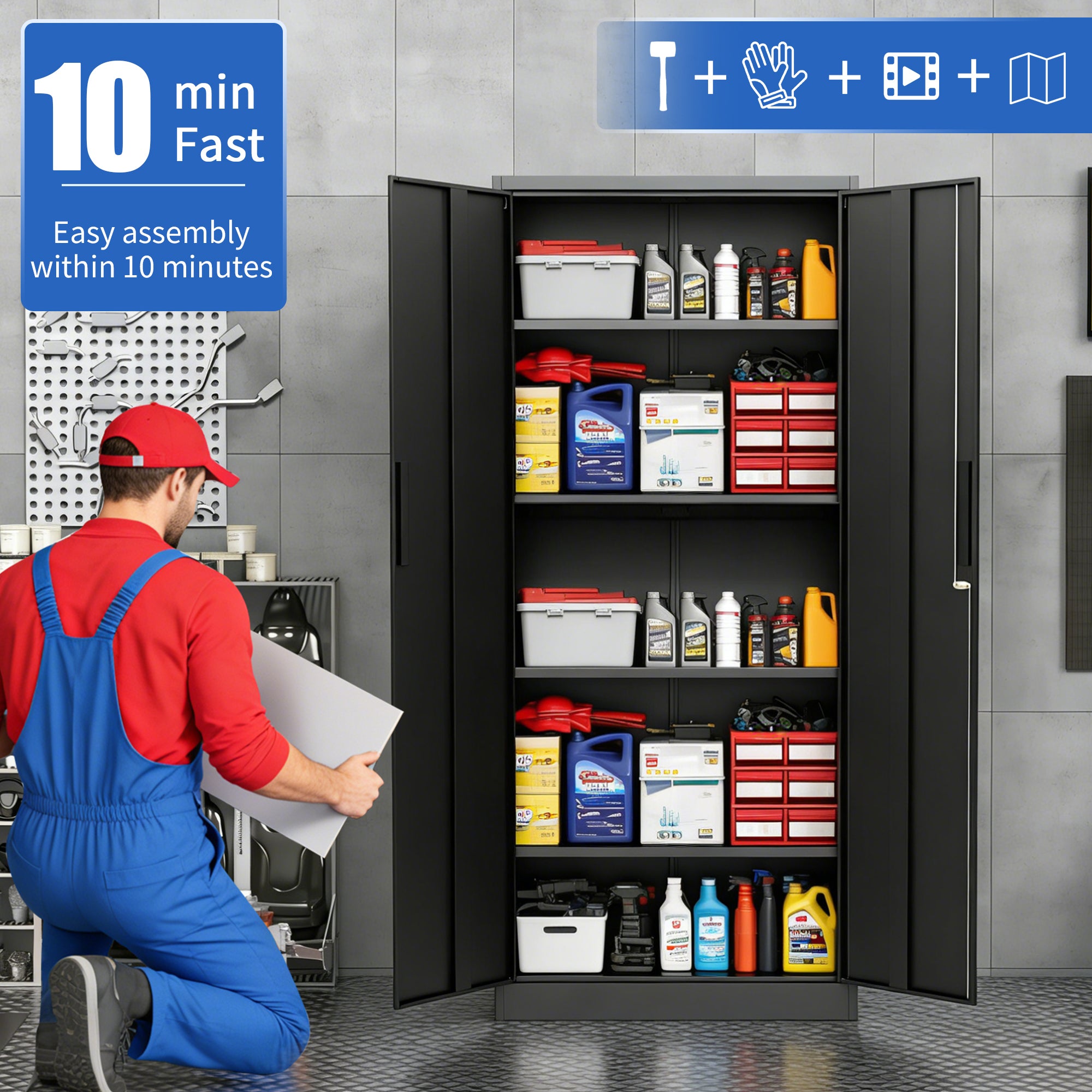 72'H Metal Garage Storage Cabinet, Black Tool Steel Locking Cabinet with Doors and 4 Shelves, Tall Cabinets for Garage Storag