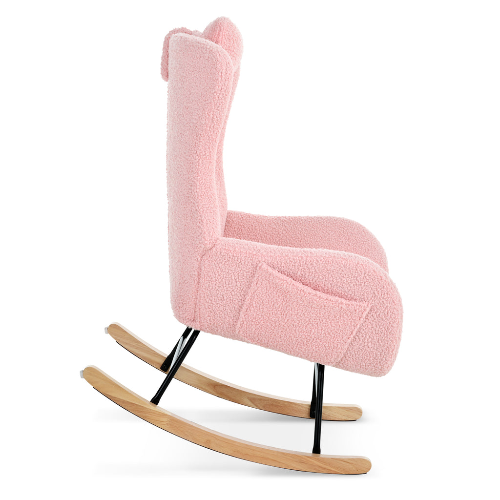 Rocking Chair Nursery, Teddy Upholstered Rocker Glider Chair with High Backrest, Adjustable Headrest & Pocket, Comfy Glider Chair for Nursery, Bedroom, Living Room, Offices, Rubber wood, pink - Grand Goldman Shop