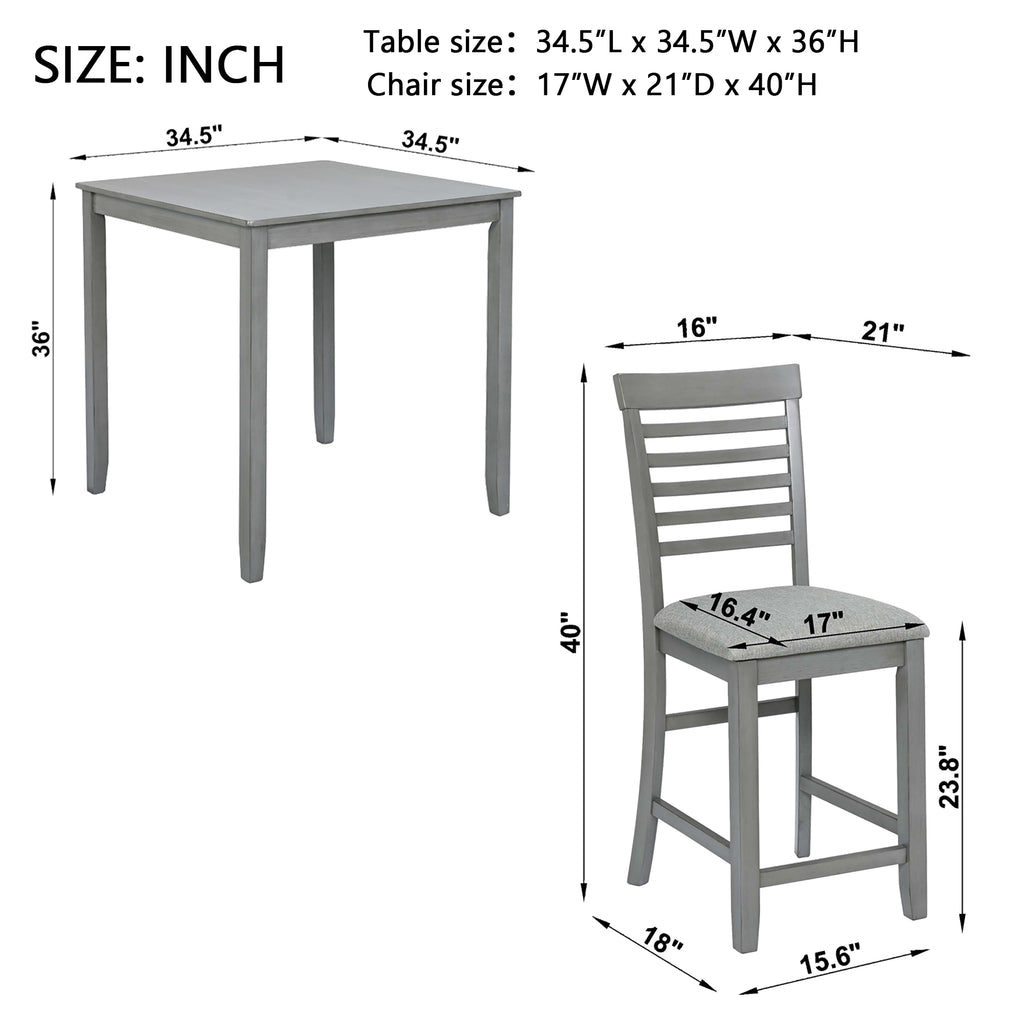 5 Piece Dining Table Set, Wooden Dining Square Table Set for 4, Counter Height Kitchen Table Set with Square Table and 4 Upholstered Chairs for Small Space, Gray - Grand Goldman Shop