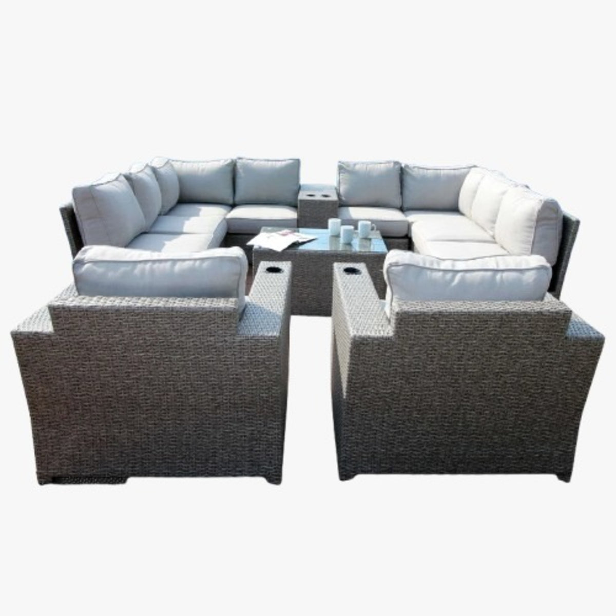 Luxus-Patio, 12-teilige, komplett montierte Outdoor-Sitzgruppe aus Polyrattan mit Kissen, gemischtes Grau, Aluminiumrahmen