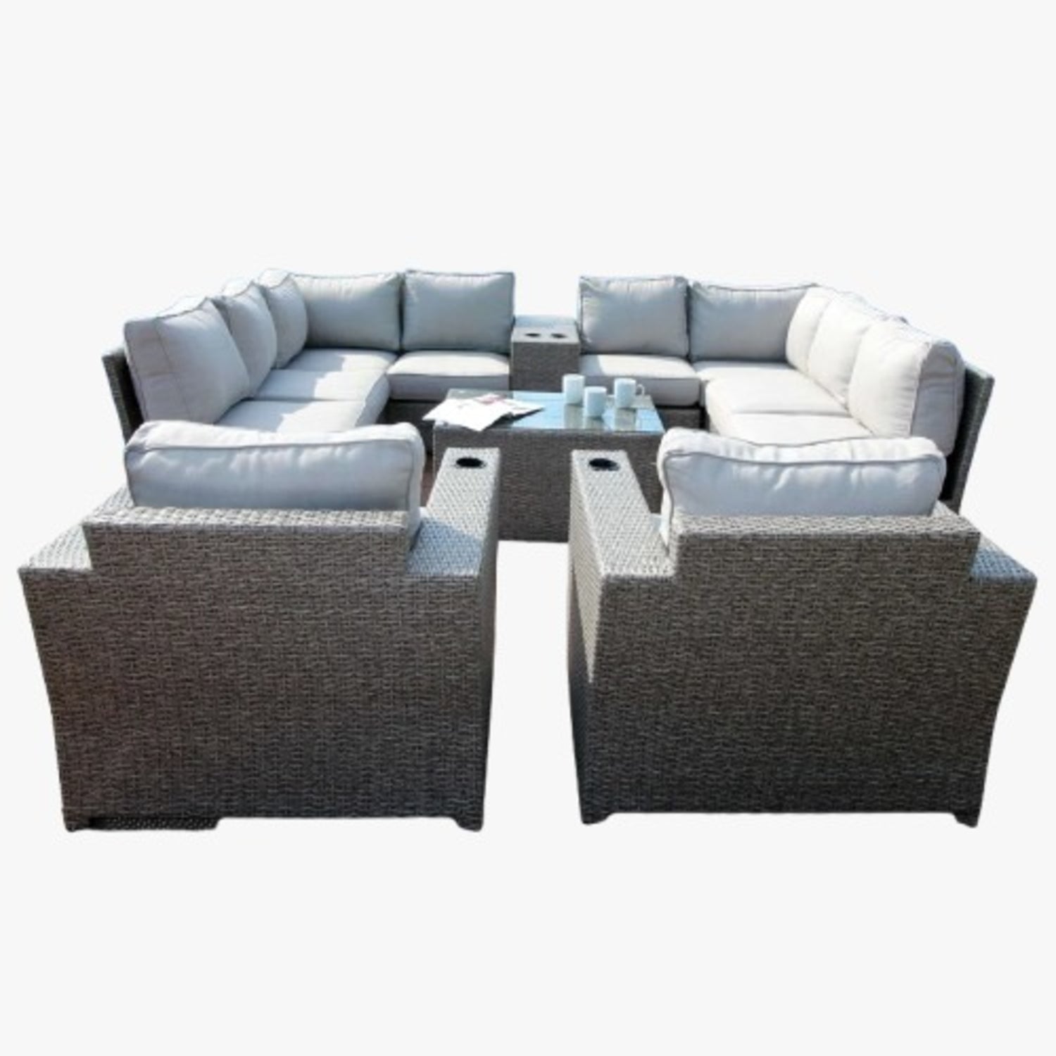 Luxus-Patio, 12-teilige, komplett montierte Outdoor-Sitzgruppe aus Polyrattan mit Kissen, gemischtes Grau, Aluminiumrahmen