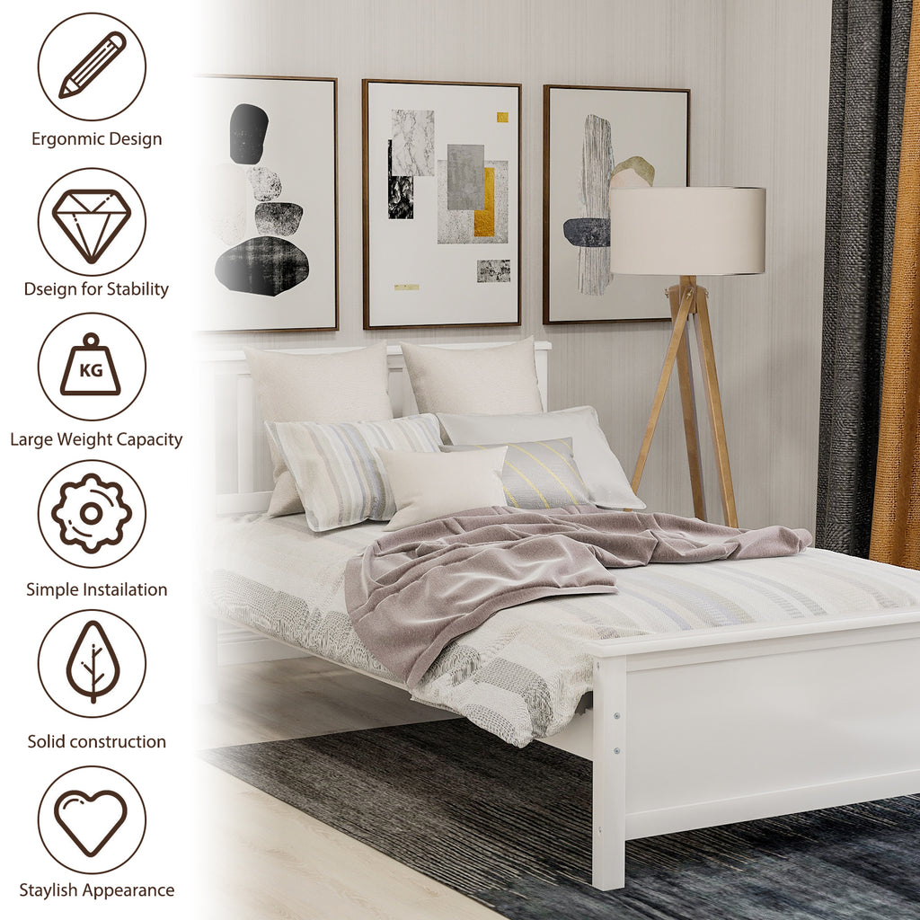 Twin Size Wood Platform Bed with Headboard, Footboard, Wood Slat Support, White Finish - Grand Goldman Shop