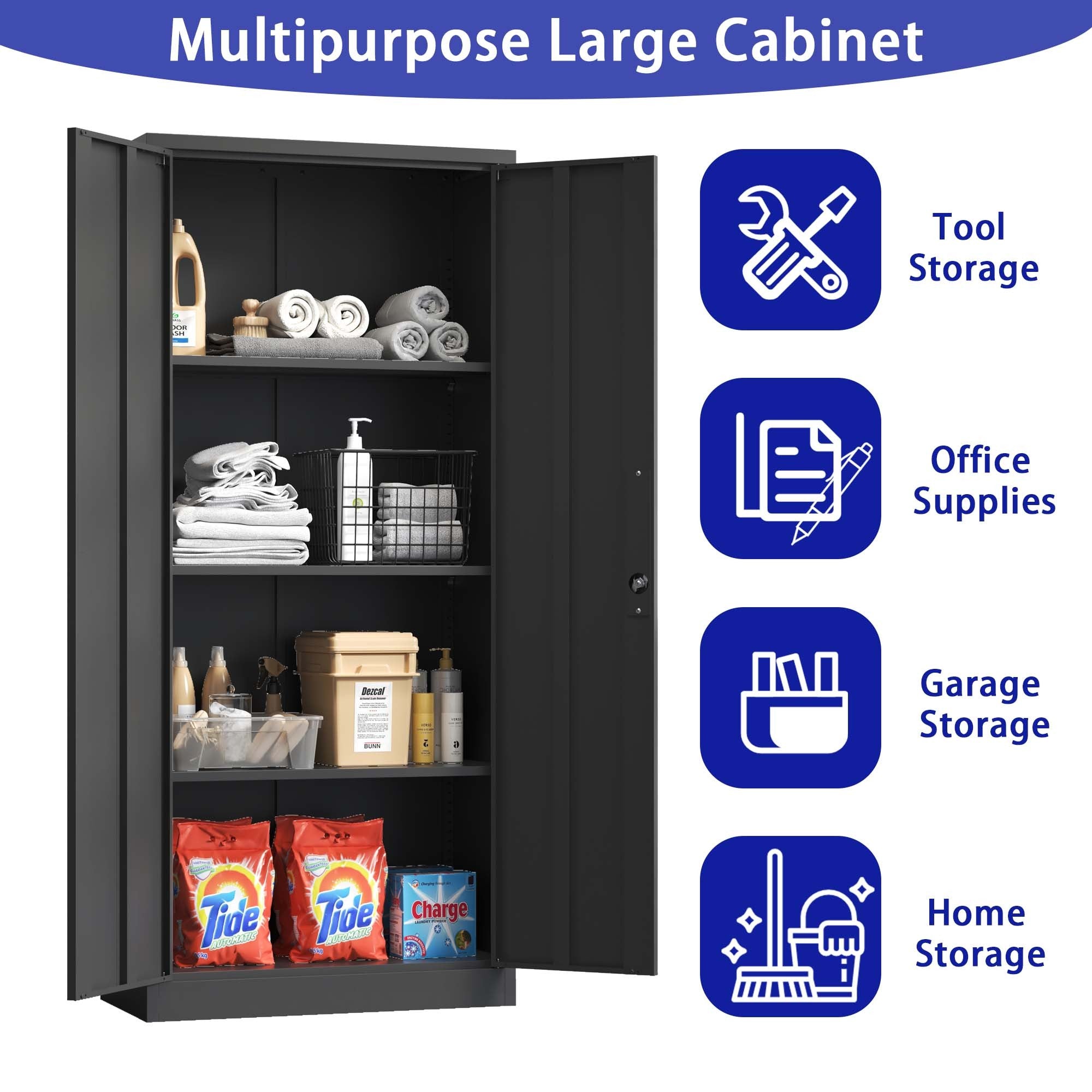 Heavy Metal Garage Storage Cabinet, Black Tool Steel Locking Cabinet with Doors and 3 Adjustable Shelves, 71 Inch Tall | Prem
