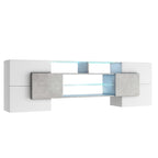 ON-TREND Unique Shape TV Stand with 2 Illuminated Glass Shelves, High Gloss Entertainment Center for TVs Up to 88', Versatile TV Cabinet with LED Color Changing Lights for Living Room, Grey - Grand Goldman Shop