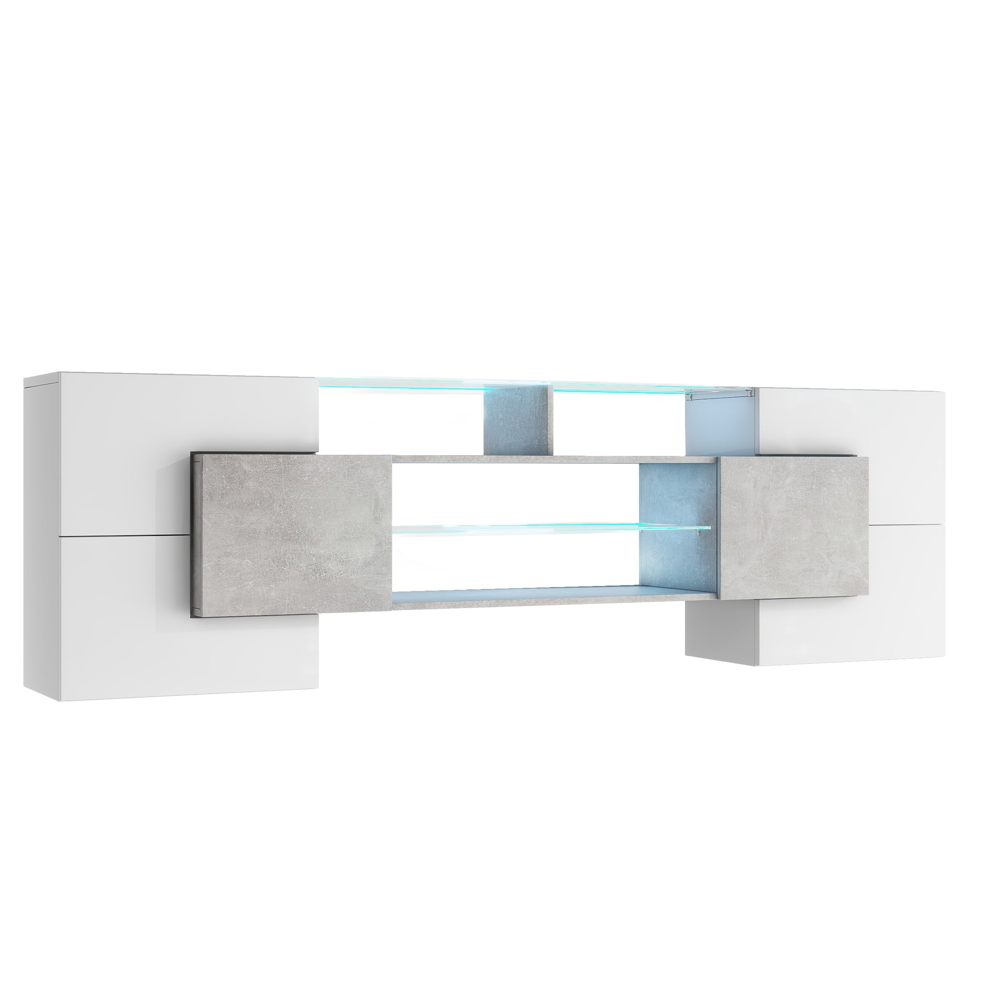 ON-TREND Unique Shape TV Stand with 2 Illuminated Glass Shelves, High Gloss Entertainment Center for TVs Up to 88', Versatile TV Cabinet with LED Color Changing Lights for Living Room, Grey - Grand Goldman Shop