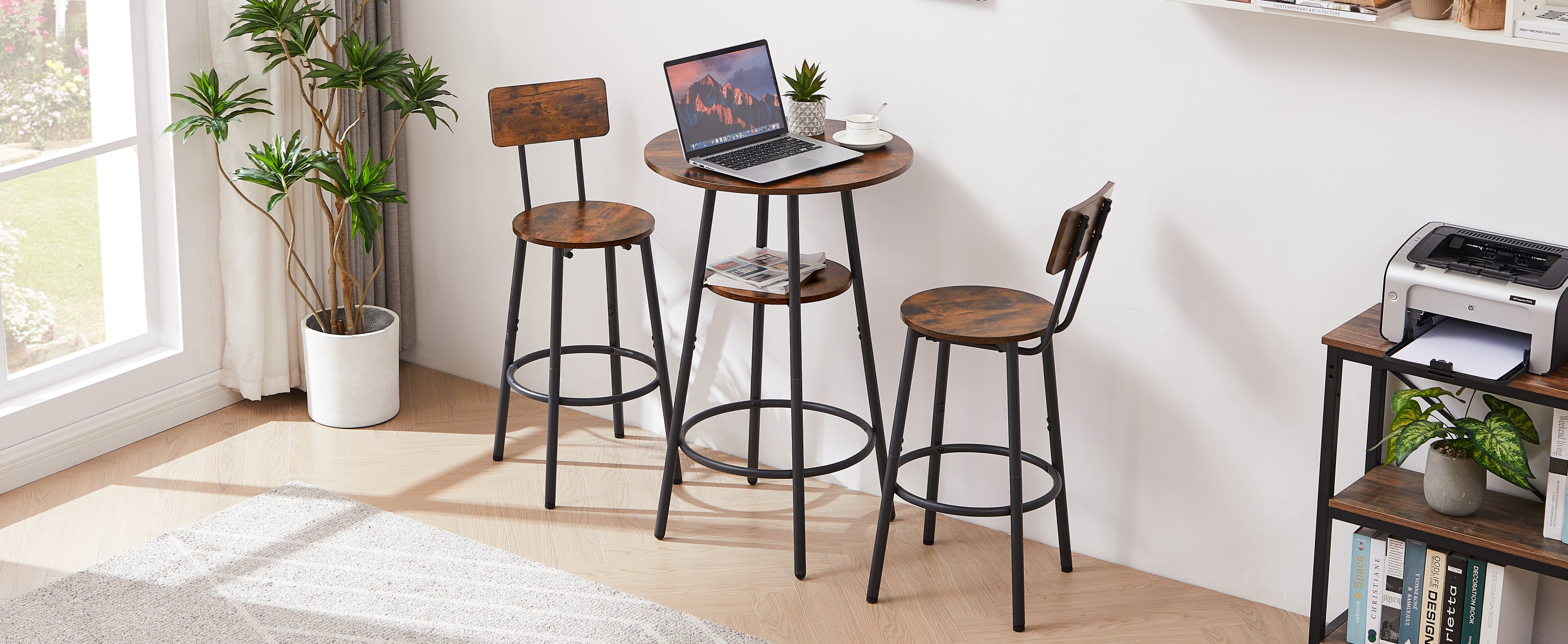 Round bar stool set with shelves, stool with backrest Rustic Brown, 23.6'' Dia x 35.4'' H - Grand Goldman Shop