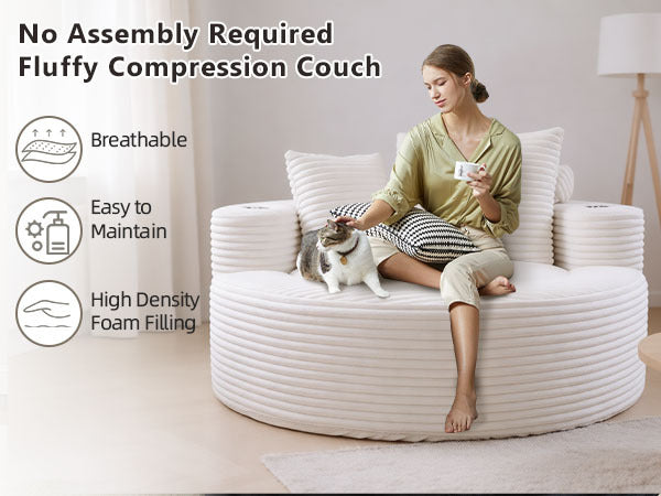 Round Sofa Bed with Memory Foam Sectional Couches for Living Room, Cloud Couch with three pillows, White - Grand Goldman Shop