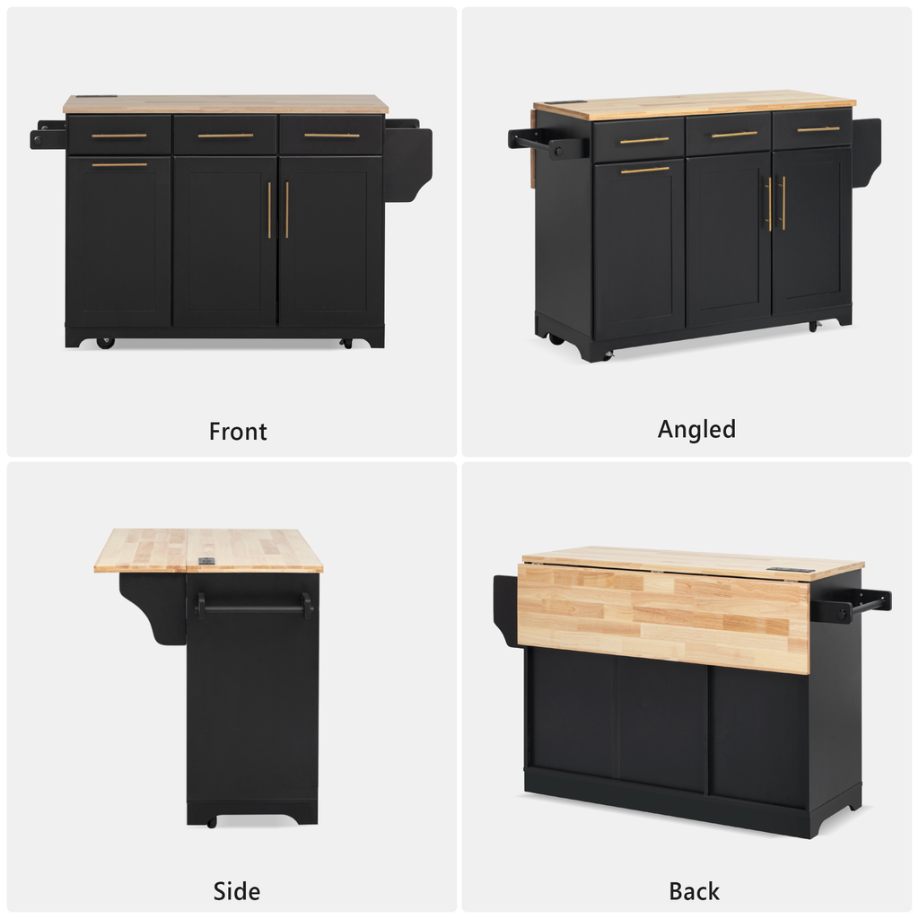 K&K 59.3' Kitchen Island with Storage 2 Pull Out Cabinet Organizers & Rubber Wood Drop Leaf, Rolling Kitchen Island with Trash Can Storage, Power Outlet, Spice & Towel Rack for Kitchen, Dining, Black - Grand Goldman Shop