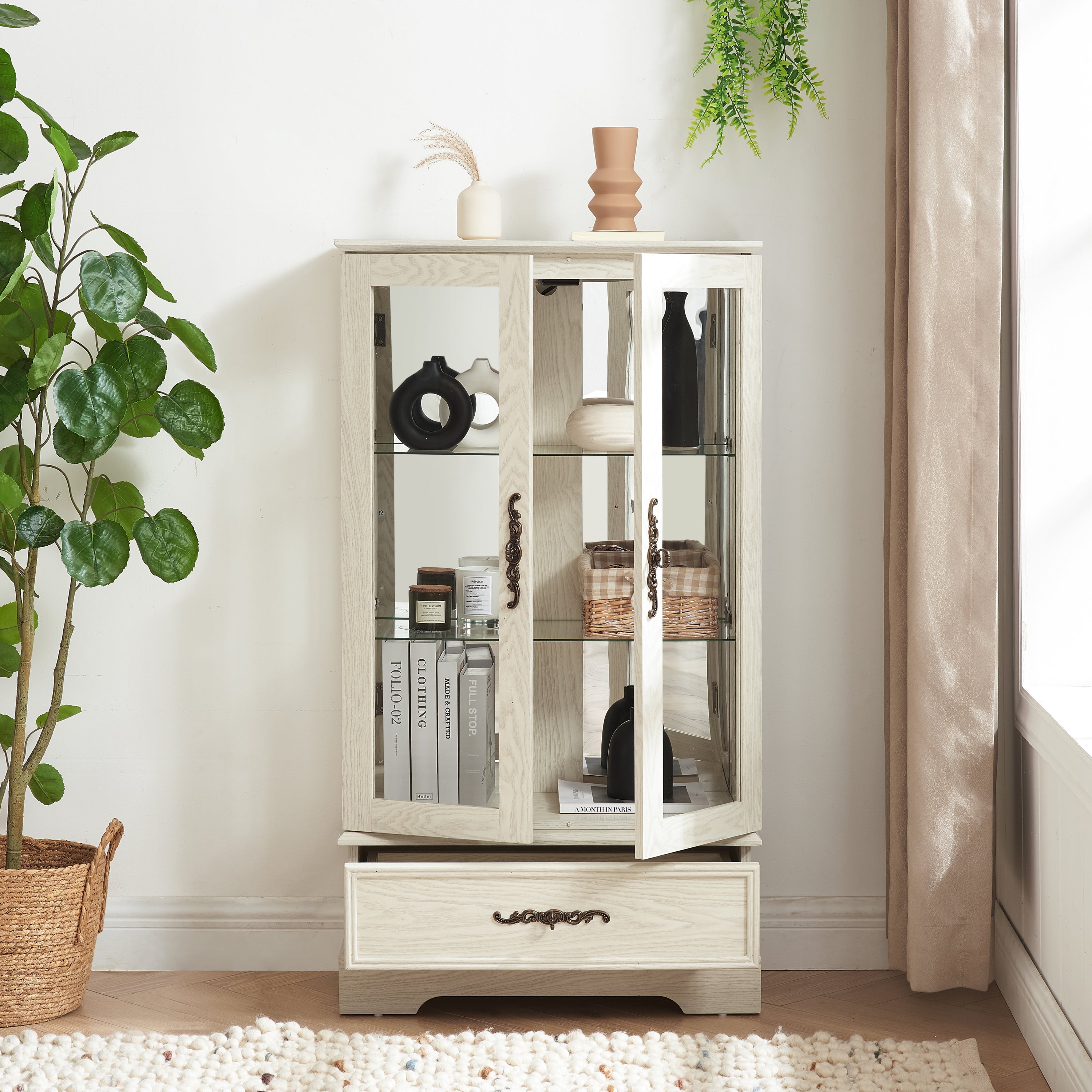 Glass Cabinet Lighted Glass Cabinet Curio Display Cabinet with Adjustable Glass Shelves 2 Doors and 1 drawer Cabinet Bulb Included White - Grand Goldman Shop