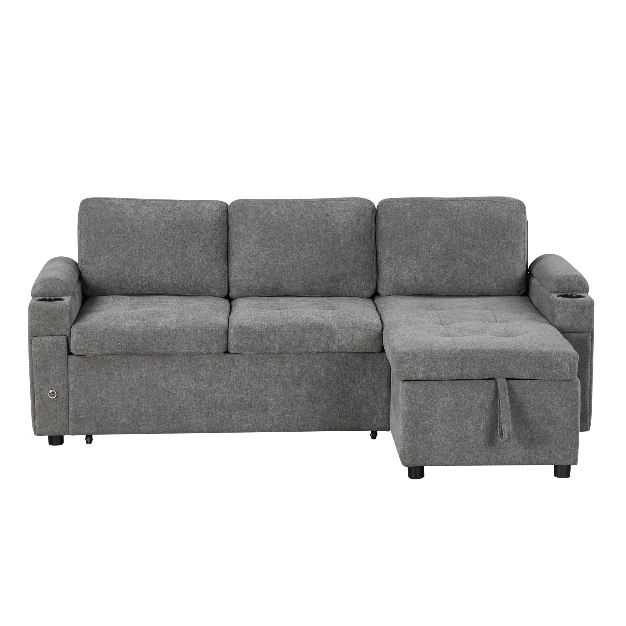 Modern L-shaped Convertible Sofa Bed with Storage, Cup Holders, USB Ports, Gray Chenille, 83.5' - Grand Goldman Shop
