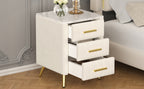 Upholstered Wooden Nightstand with 3 Drawers and Metal Legs&Handles, Bedside Table with Marbling Stickers Worktop - Beige - Grand Goldman Shop