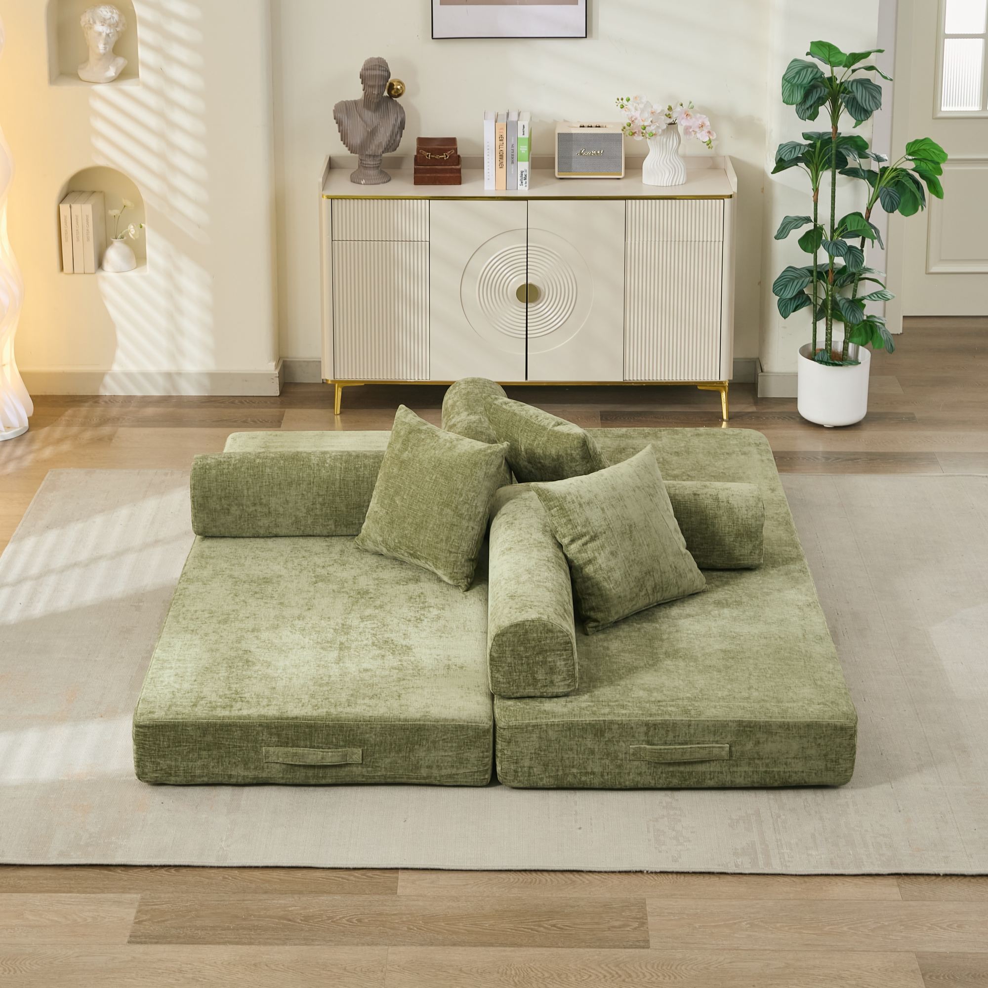 Comfy Convertible Folding Mattress Couch, Floor Sofa Bed, Chenille Floor Sofa with Armrest, Floor Sofa Lounge Couch for Living Room Bedroom Lounge Studio-Green - Grand Goldman Shop