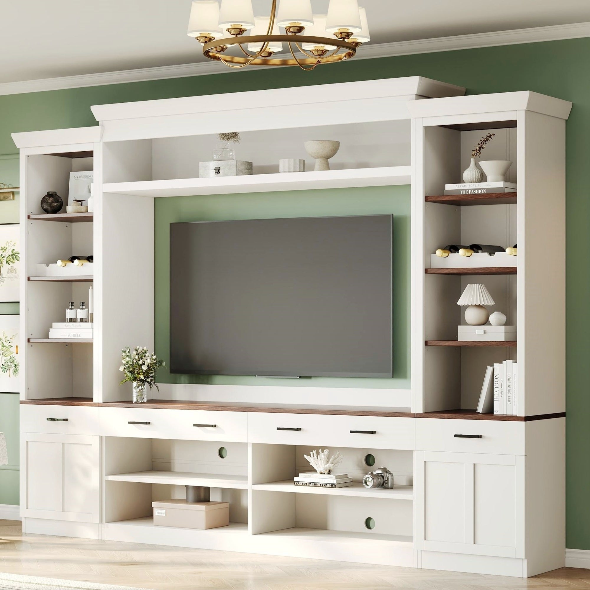 Farmhouse Entertainment Wall Unit with Bookshelf for TVs Up to 70', Walnut TV Stand with Adjustable Shelves, Mid-Century Media Console with Wine Rack for Living Room, White (NEW SKU: N721S000046K-2) - Grand Goldman Shop