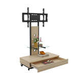 Mobile TV Cart with Push-Pull Drawer for 32-75 Inch TVs, Natural Wood & Glass Stand with Lockable Wheels - Grand Goldman Shop