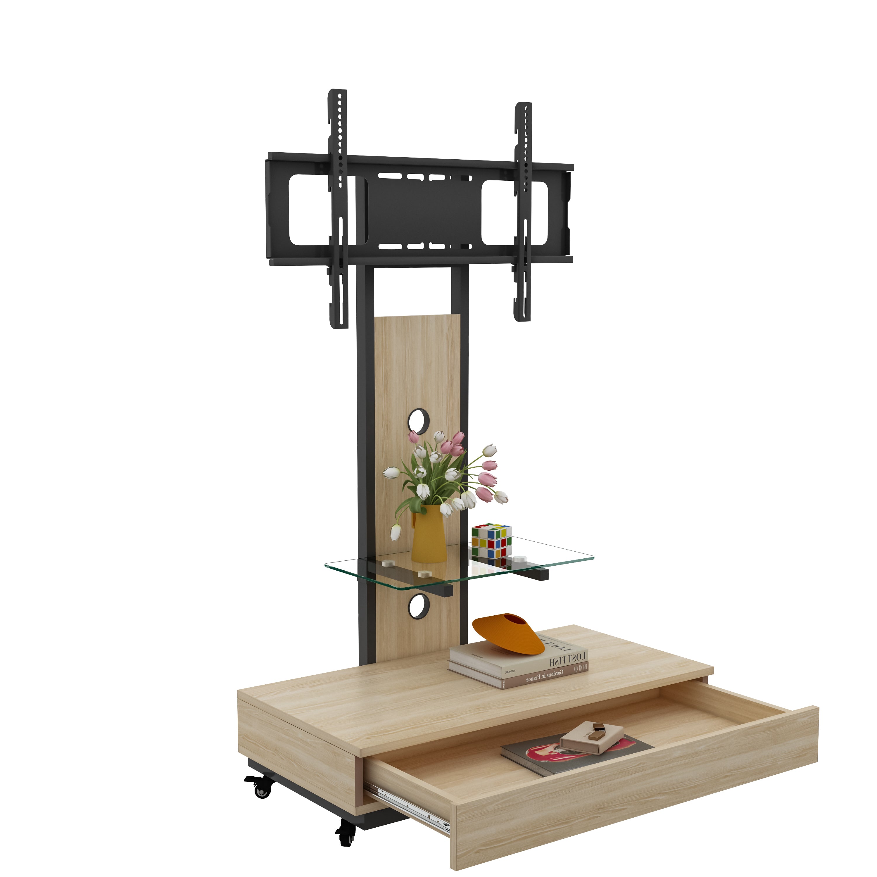 Mobile TV Cart with Push-Pull Drawer for 32-75 Inch TVs, Natural Wood & Glass Stand with Lockable Wheels - Grand Goldman Shop