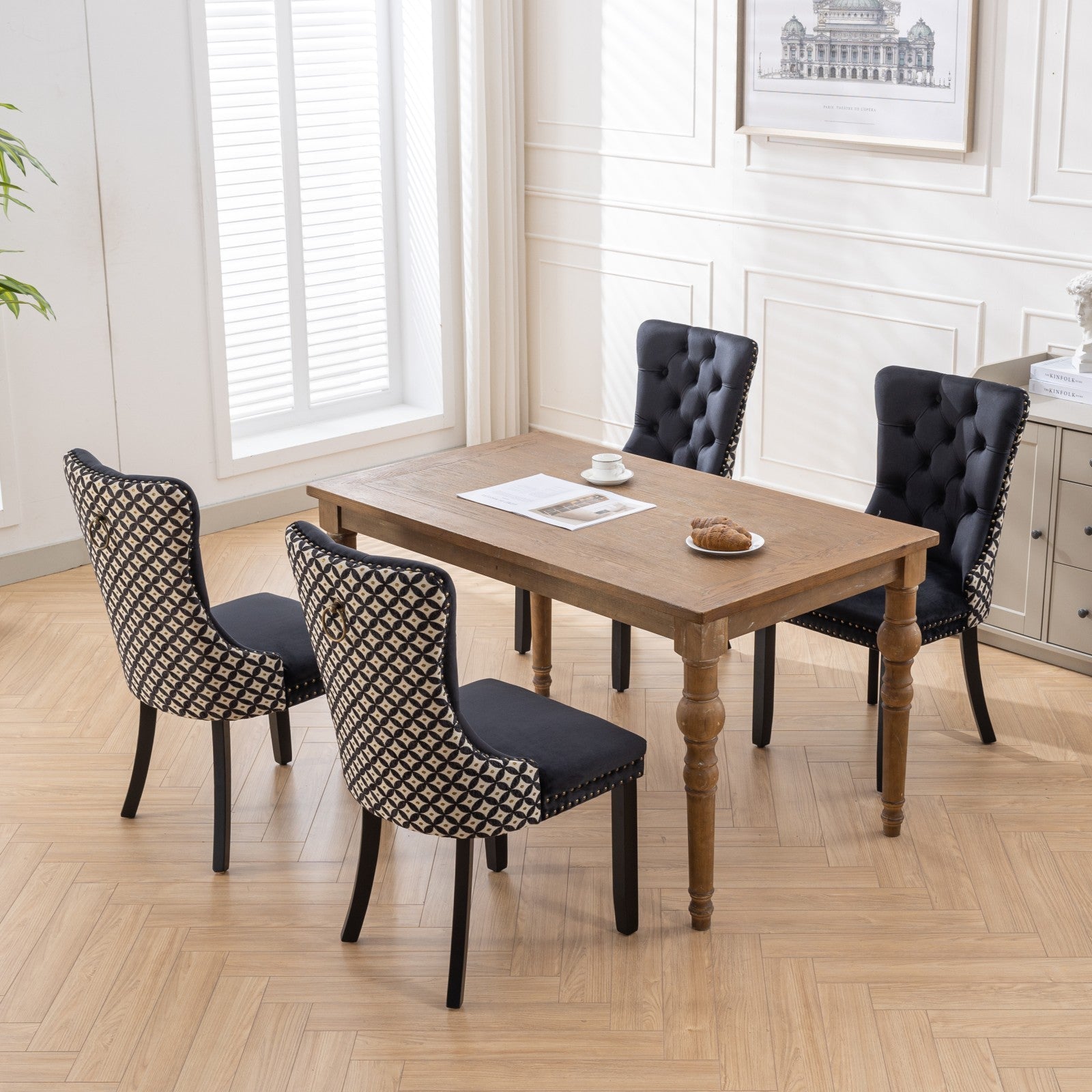 Classic Velvet Dining Chairs,  High-end Tufted Solid Wood Contemporary Velvet Upholstered Dining Chair with Wood Legs Nailhead, SET OF 2,Black and Patterned,SW2201BK - Grand Goldman Shop