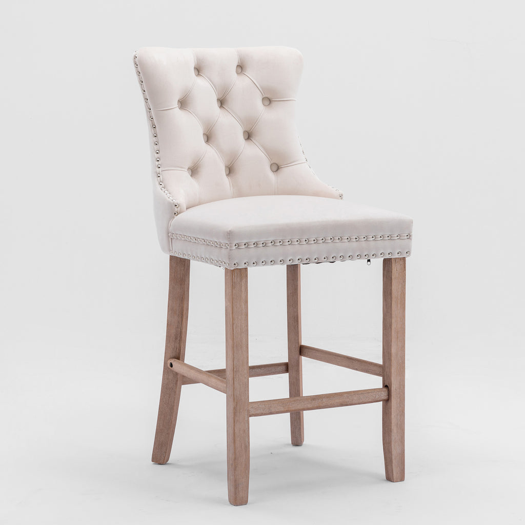 Contemporary Velvet Upholstered Barstools with Button Tufted Decoration and Wooden Legs, and Chrome Nailhead Trim, Leisure Style Bar Chairs,Bar stools, Set of 2 (Beige),SW2002BG - Grand Goldman Shop