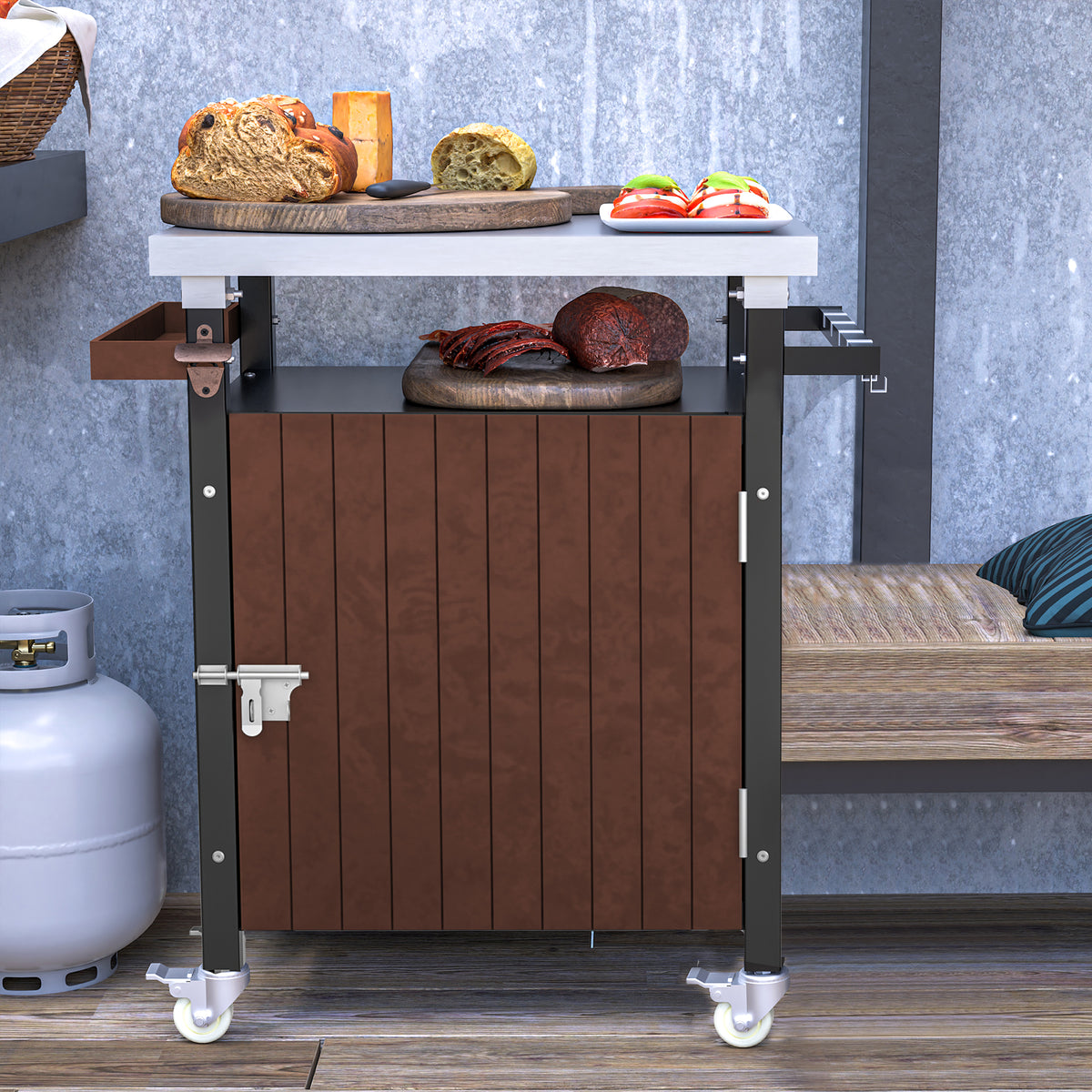 Outdoor Grill Cart with Stainless Steel Tabletop, Storage, Patio Kitchen Island with Wheels, Hooks, and Spice Rack, Waterproof Outdoor Grill Table, Movable BBQ Serving Cart Rolling Bar Cart - Grand Goldman Shop