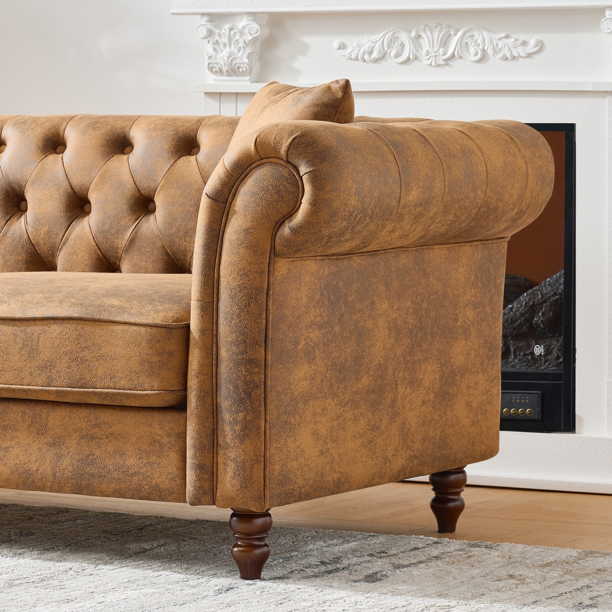 63'Chesterfield ‌tech Fabric Sofa,High-tech Fabric Roll Armrest Sofa,Upholstered Mid Century Modern Couch,2 Seater Couch for Living Room, Office, Apartment, Brown - Grand Goldman Shop