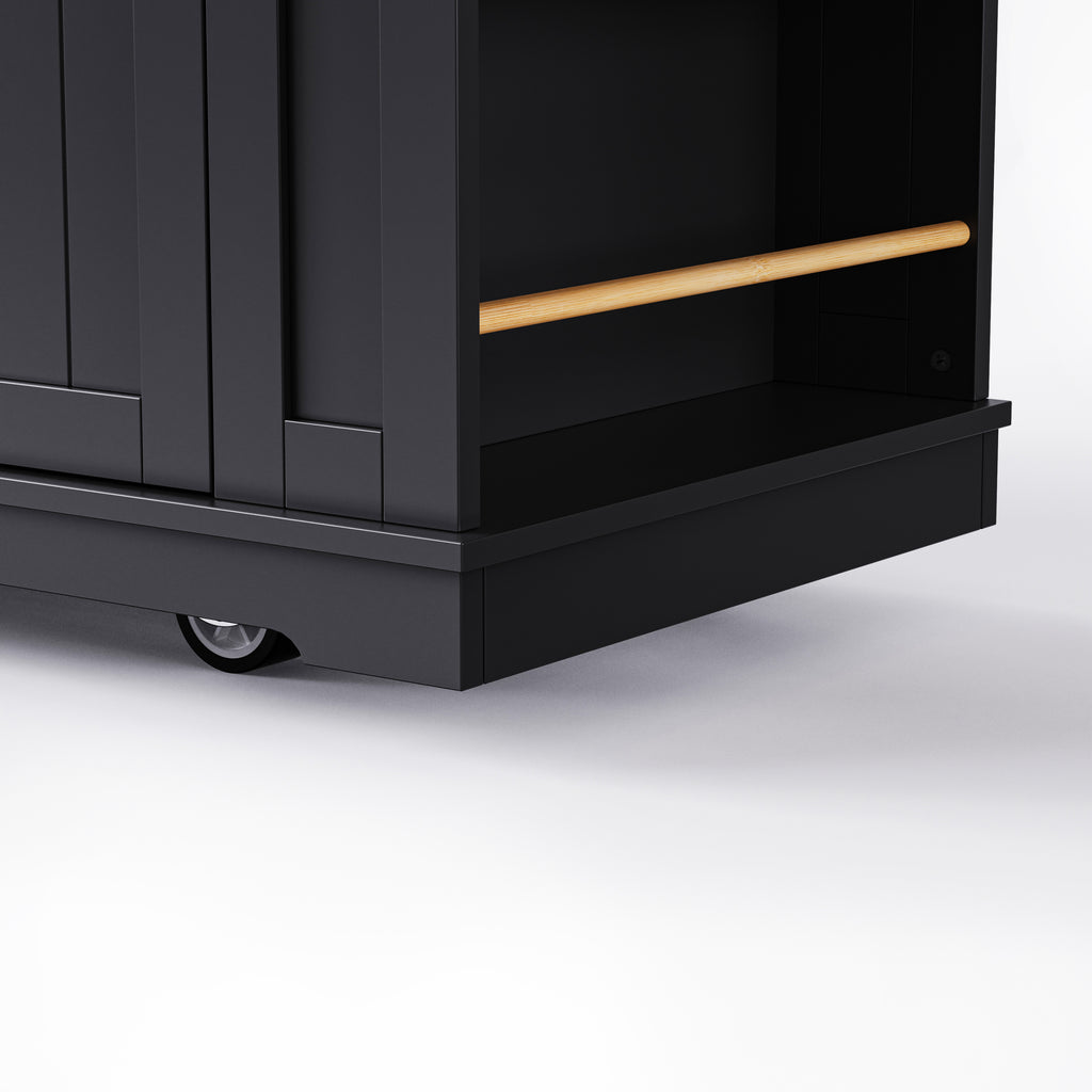 K&K 53inch Large Kitchen Island with 2 Bar Stools, Power Outlet,Door Internal Storage Rack, Kitchen Storage Cart on 5 Wheels with Drop Leaf, 5 Open Side Racks, 3 Drawers,Black (Three Packages) - Grand Goldman Shop