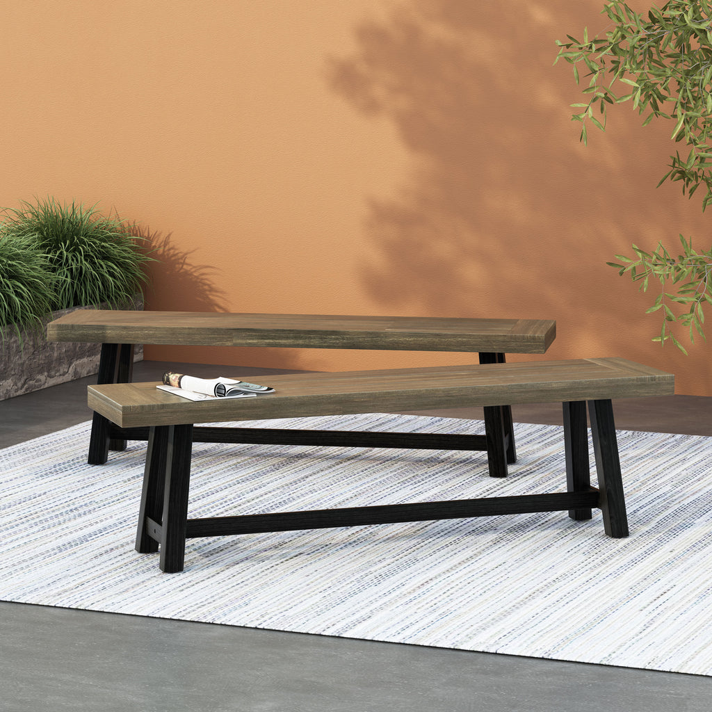 Cloud Outdoor Bench with Acacia Wood Frame and Slat Panel Design, Set of 2,Sandblast Grey and Black - Grand Goldman Shop