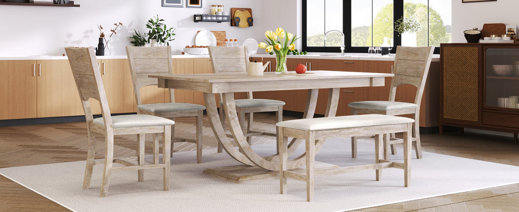 TOPMAX Modern Style Natural Wood 6-Piece Dining Table Set with Bench and Chairs, Upholstered Seats, Rubberwood Frame - Grand Goldman Shop