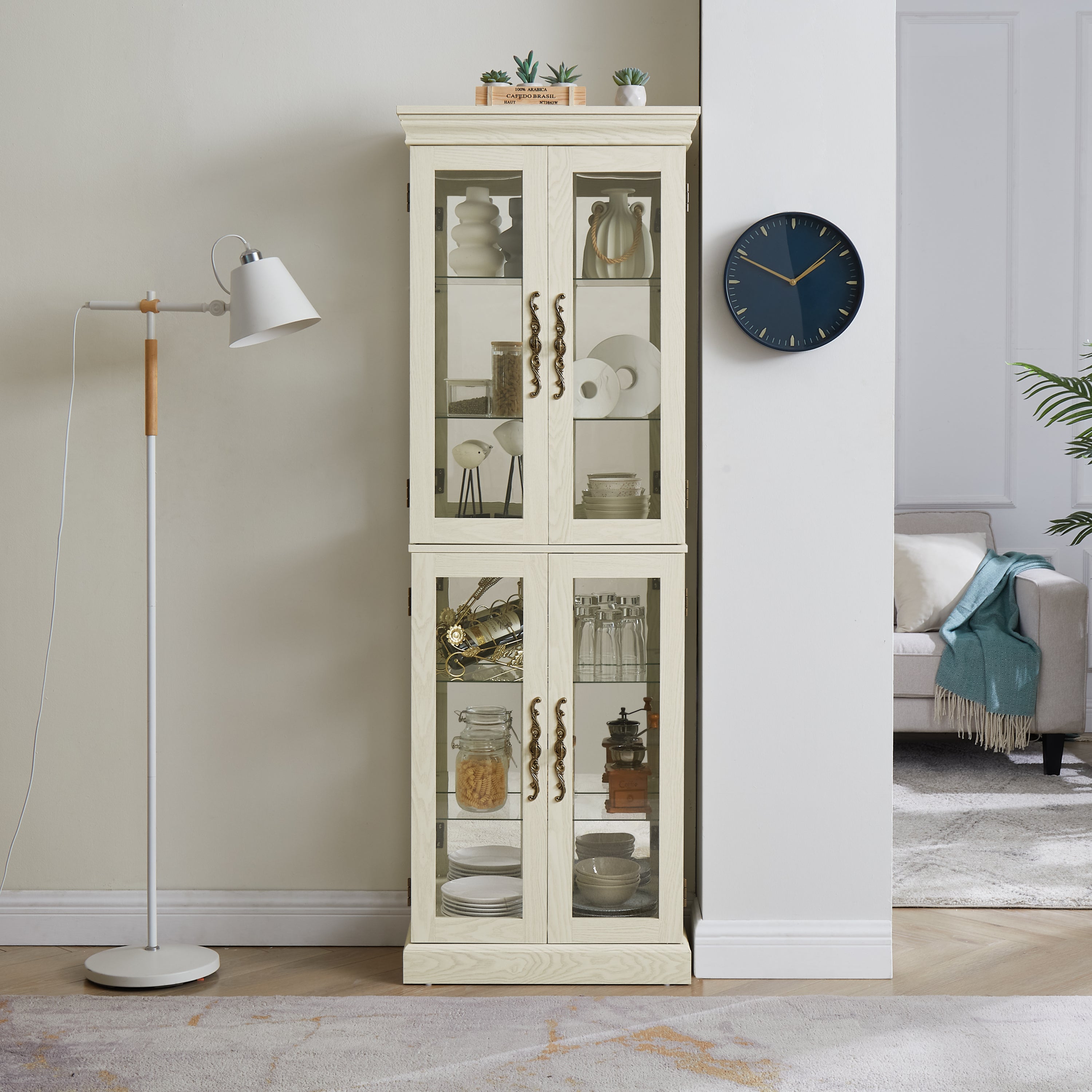 Lighted Glass Curio Display Cabinet,Display Cabinet,Glass Storage Cabinet Glass Wine cabinet Wood Frame Toy Display for Living Room, Kitchen, Pantry light bulb included Antique white - Grand Goldman Shop
