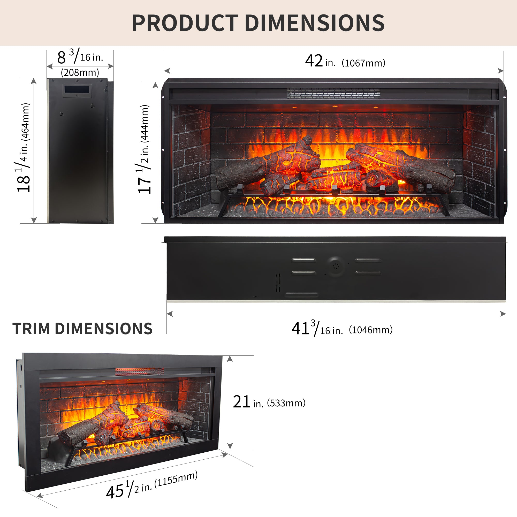 42 inch Infrared Electric Fireplace with Removable Trim kit Insert, Touch Panel Home Decor Heater - Grand Goldman Shop