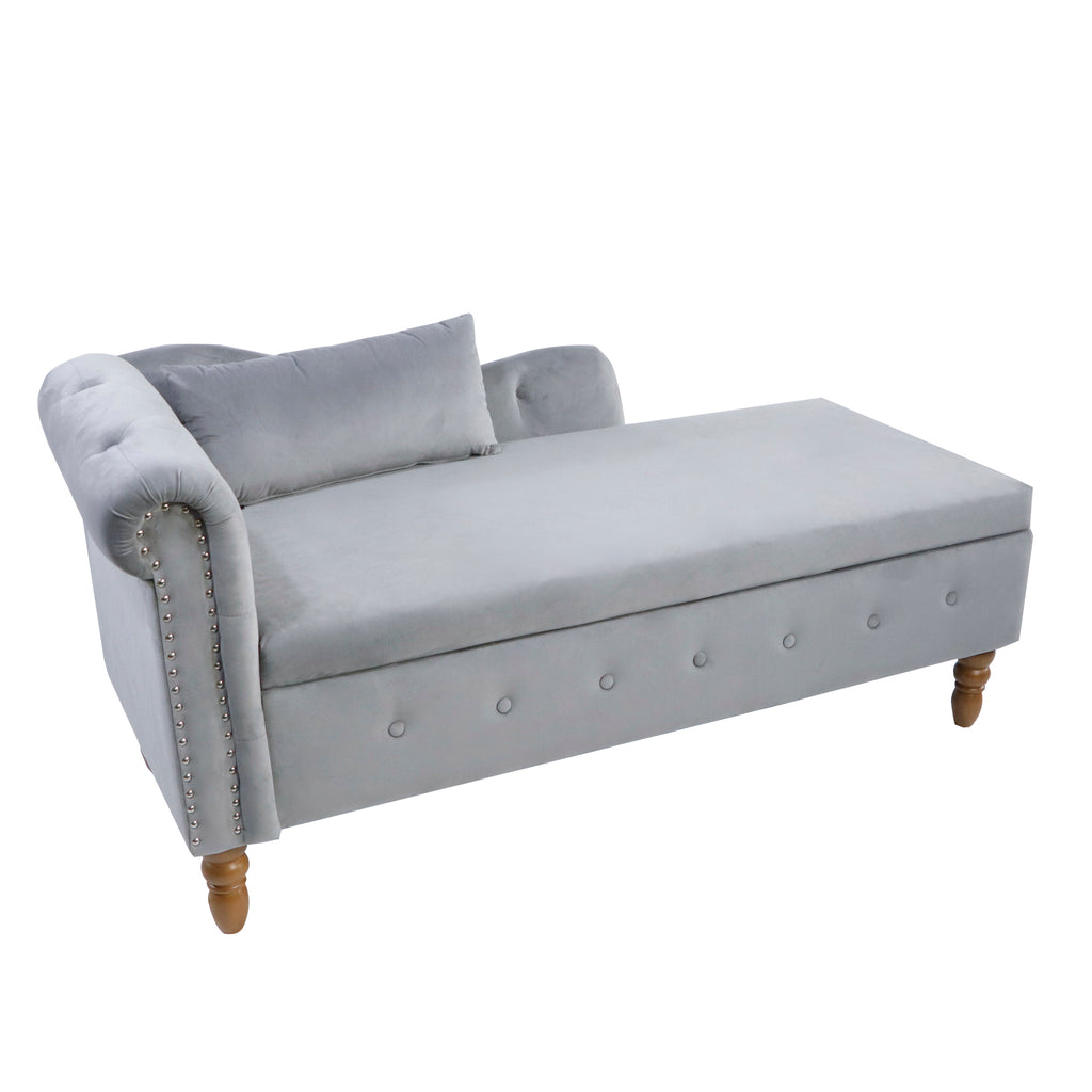 Grey Chaise Lounge Indoor, Velvet Lounge Chair for Bedroom with Storage & Pillow, Modern Upholstered Rolled Arm Chase Lounge for Sleeping with Nailhead Trim for Living Room Bedroom Office - Grand Goldman Shop