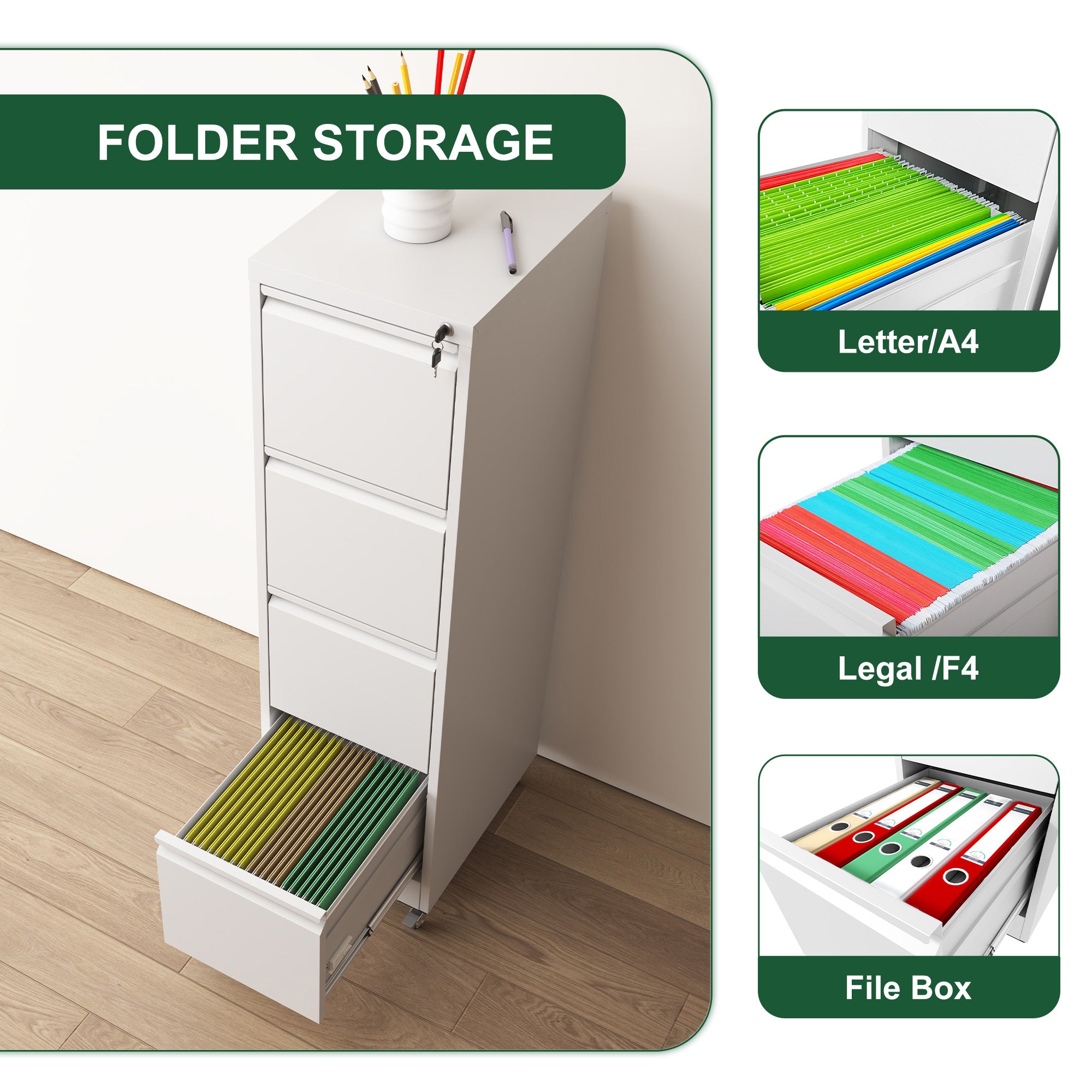 Stylish 4 Drawer Metal Locking Vertical File Cabinet with Wheels - Heavy-Duty Lockable Storage for Home & Office, Black and W