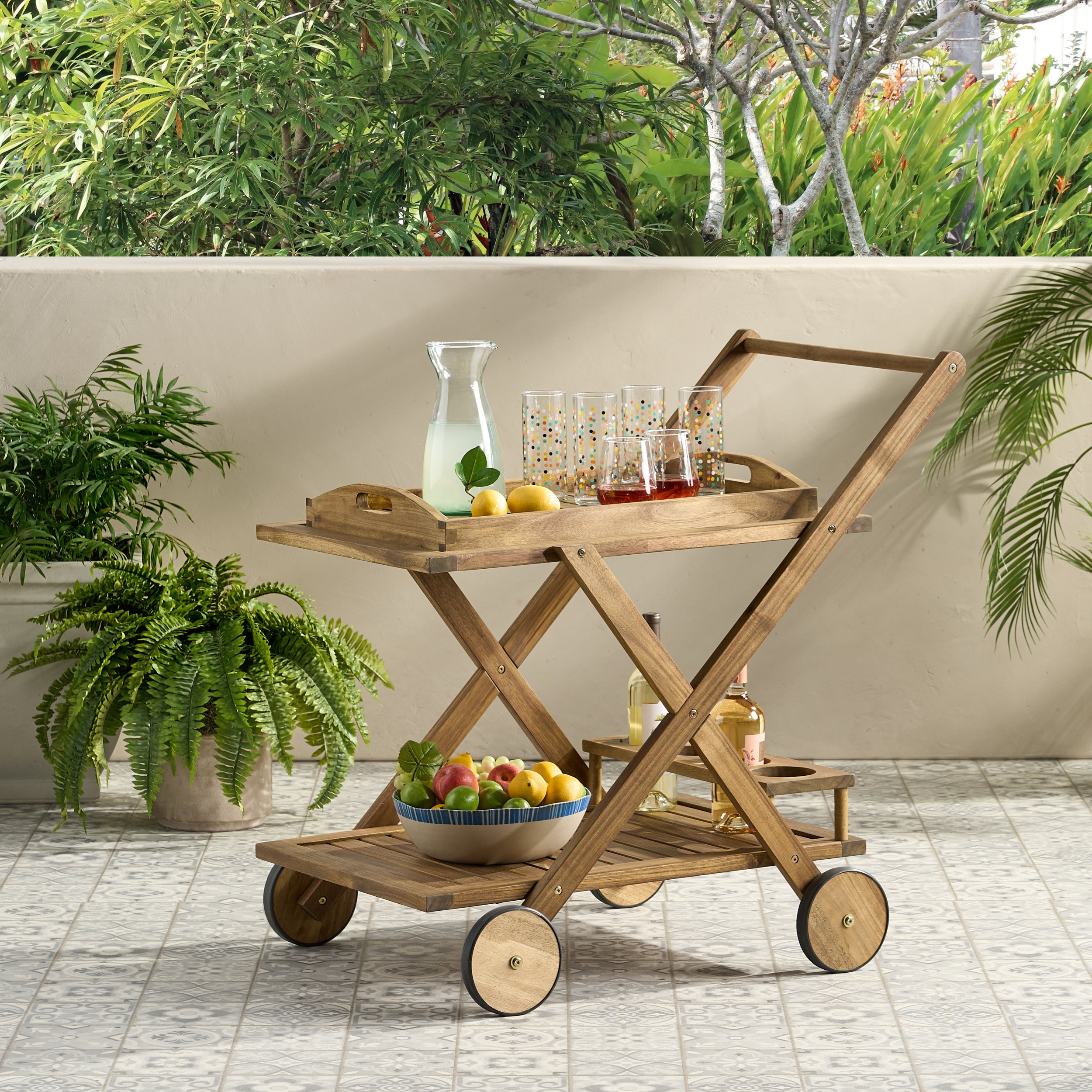 RIVIERA BAR CART Natural Stained Acacia Wood Mobile Bar Cart with Wheels for Entertaining - Grand Goldman Shop