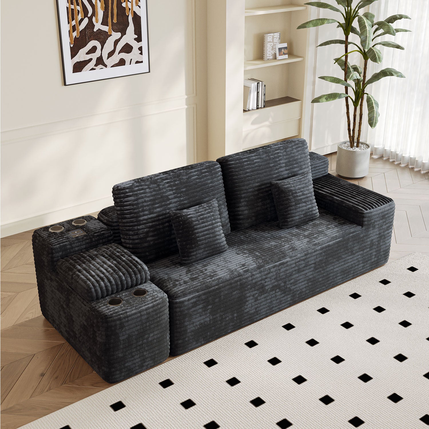 150''Width 5-piece Sectional Sofa with 2 Ottomans,Comfy U-shaped Sofa Couch for Living Room,BLACK Plush Corduroy Fabric - Grand Goldman Shop