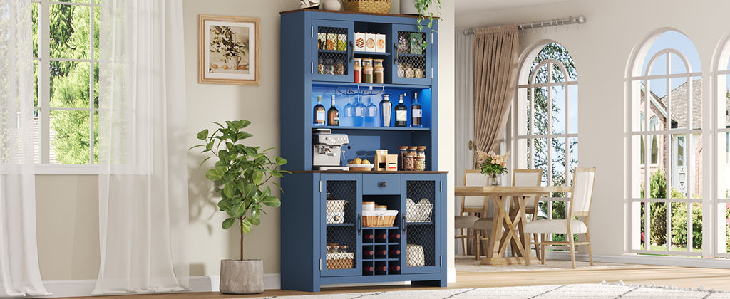 70.9' Kitchen Pantry Storage Cabinet Rustic Buffet Cabinet, Kitchen Hutch Cabinet with LED Outlets Food Pantry Cabinet with Doors and Shelves Wine Rack for Dining Room, Navy Blue - Grand Goldman Shop