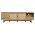 Boho TV Stand for 65 75 85 Inch TV with Real Rattan Doors, Modern Wood Media Console in Natural Finish, 76.6'' L x 15.7'' W x 23.6'' H - Grand Goldman Shop