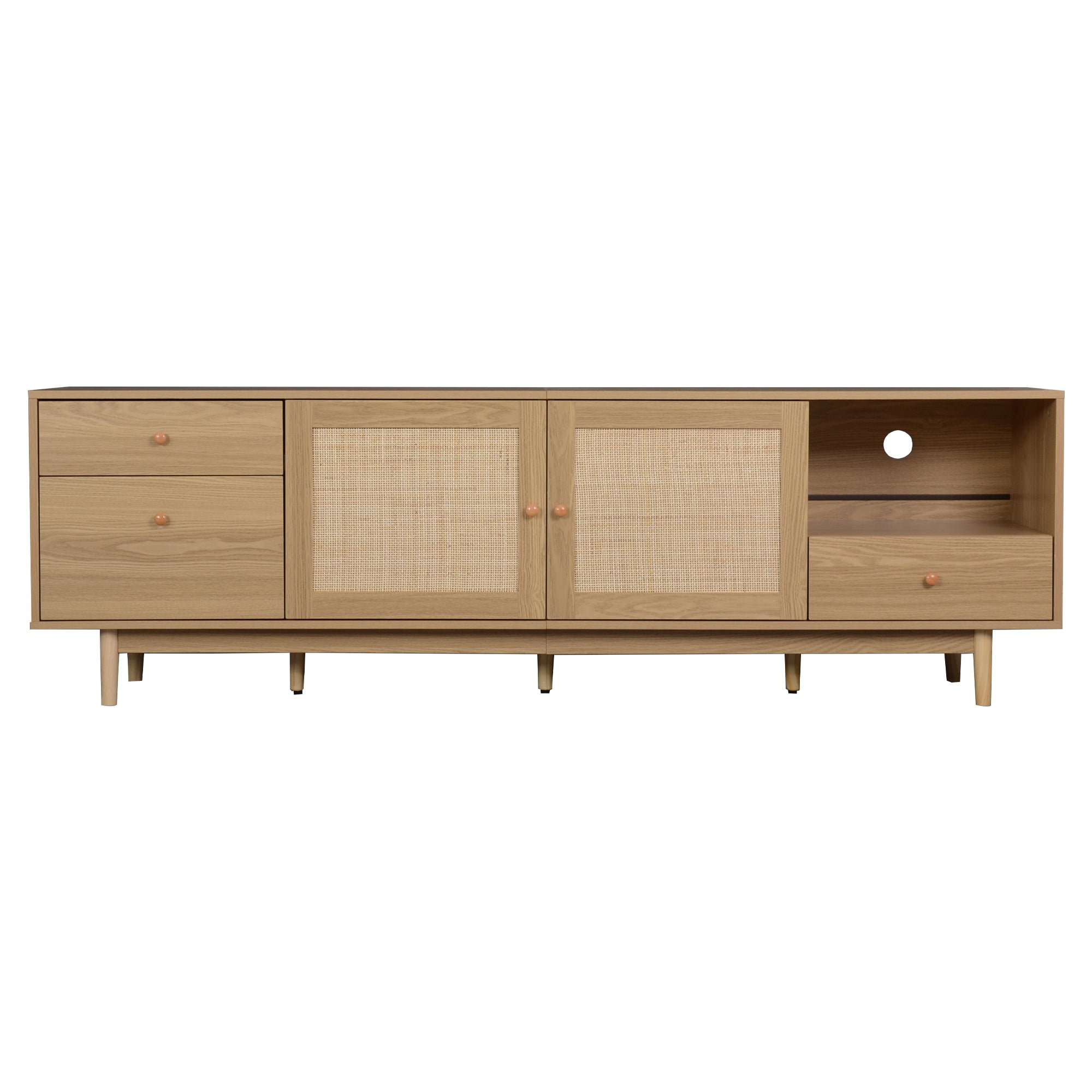 Boho TV Stand for 65 75 85 Inch TV with Real Rattan Doors, Modern Wood Media Console in Natural Finish, 76.6'' L x 15.7'' W x 23.6'' H - Grand Goldman Shop