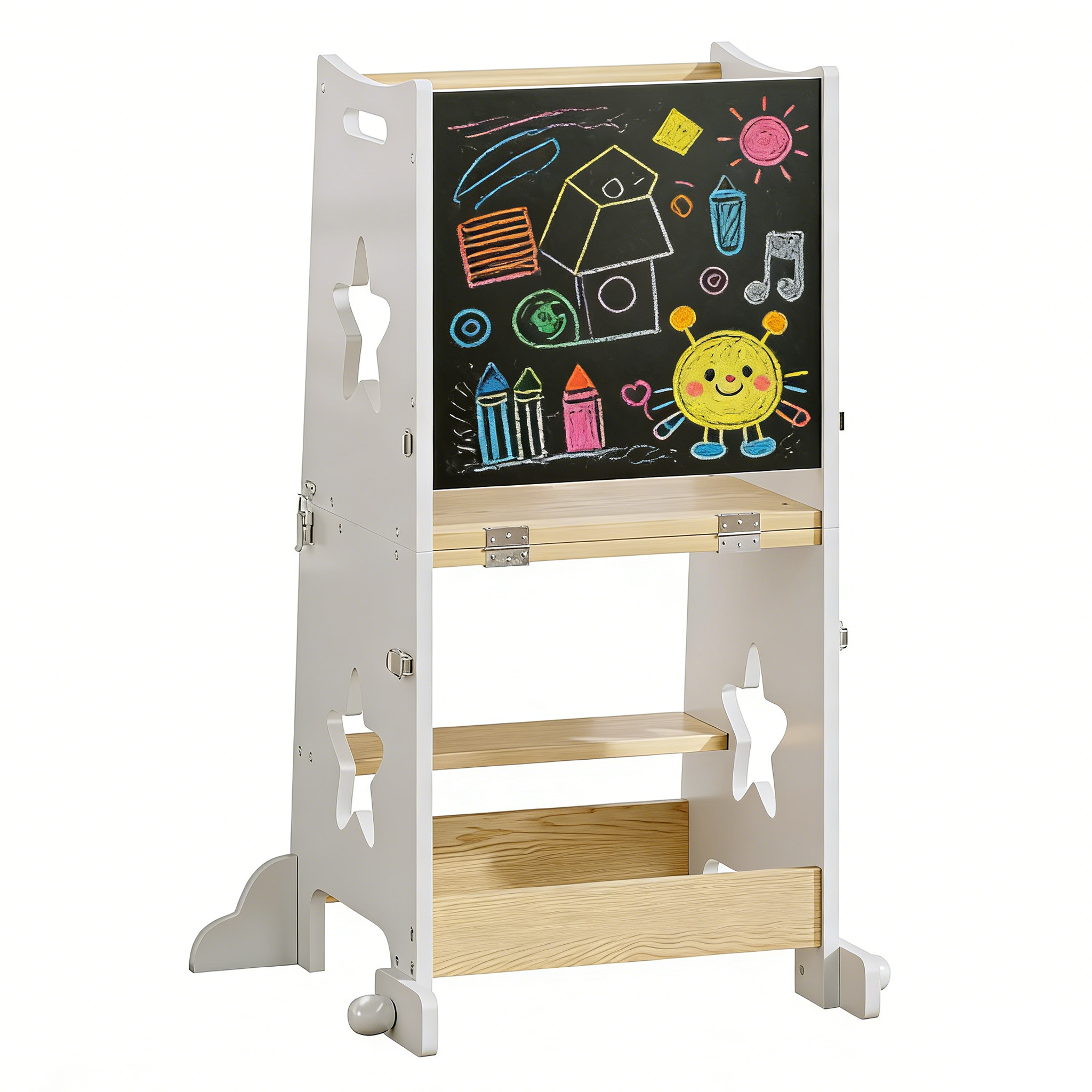 3-in-1 Toddler Kitchen Step Stool, Foldable Learning Standing Tower with Blackboard, Wooden Kitchen Stool Helper for Kids, 1-