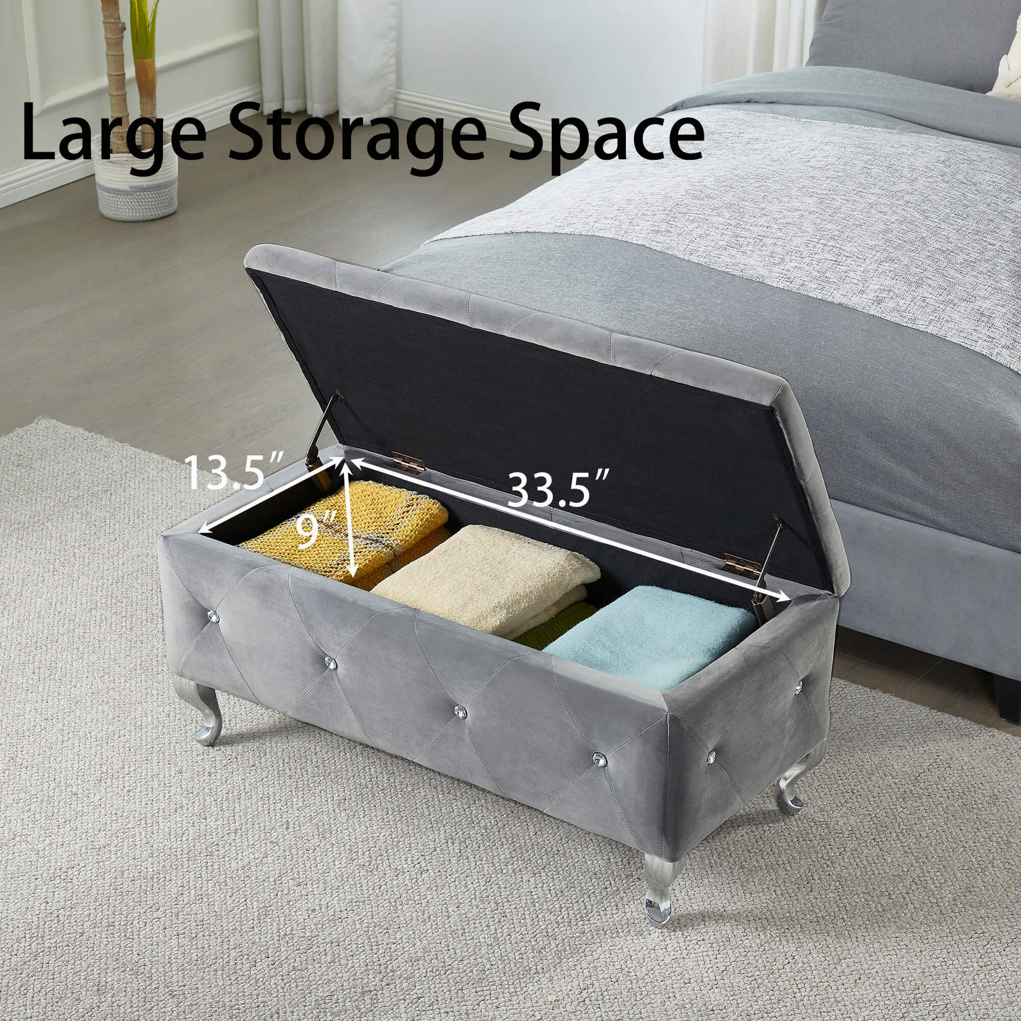 Tufted Storage Ottoman Bench For Bedroom End Of Bed Large Upholstered Storage Benches Footrest With Crystal Buttons For Living Room Entryway (Grey) - Grand Goldman Shop