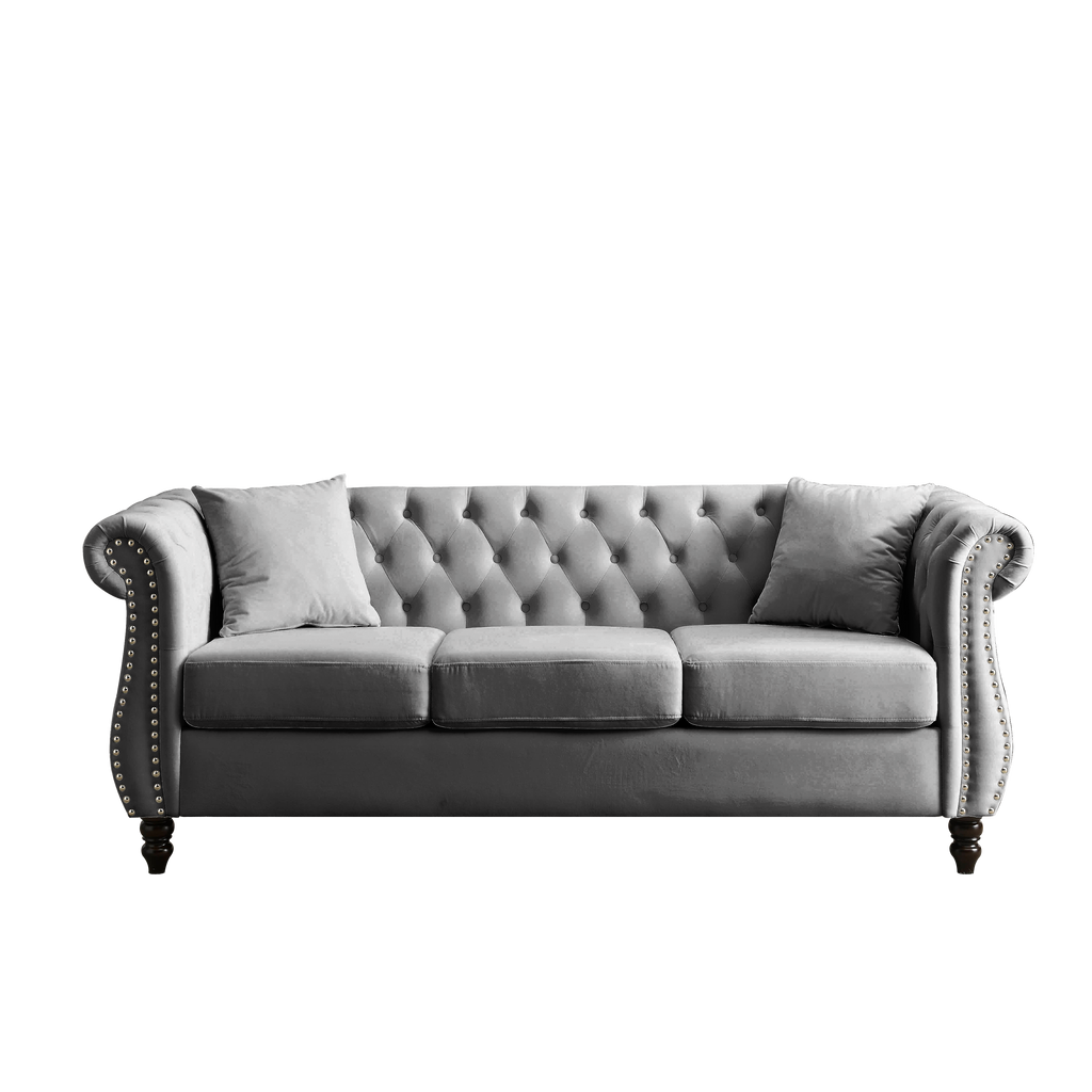 Grey Velvet 3-Seater Chesterfield Sofa with Rolled Arms and Nailhead Trim, Tufted Couch for Living Room, Bedroom, Office, Apartment, Includes Two Pillows - Grand Goldman Shop