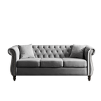 Grey Velvet 3-Seater Chesterfield Sofa with Rolled Arms and Nailhead Trim, Tufted Couch for Living Room, Bedroom, Office, Apartment, Includes Two Pillows - Grand Goldman Shop