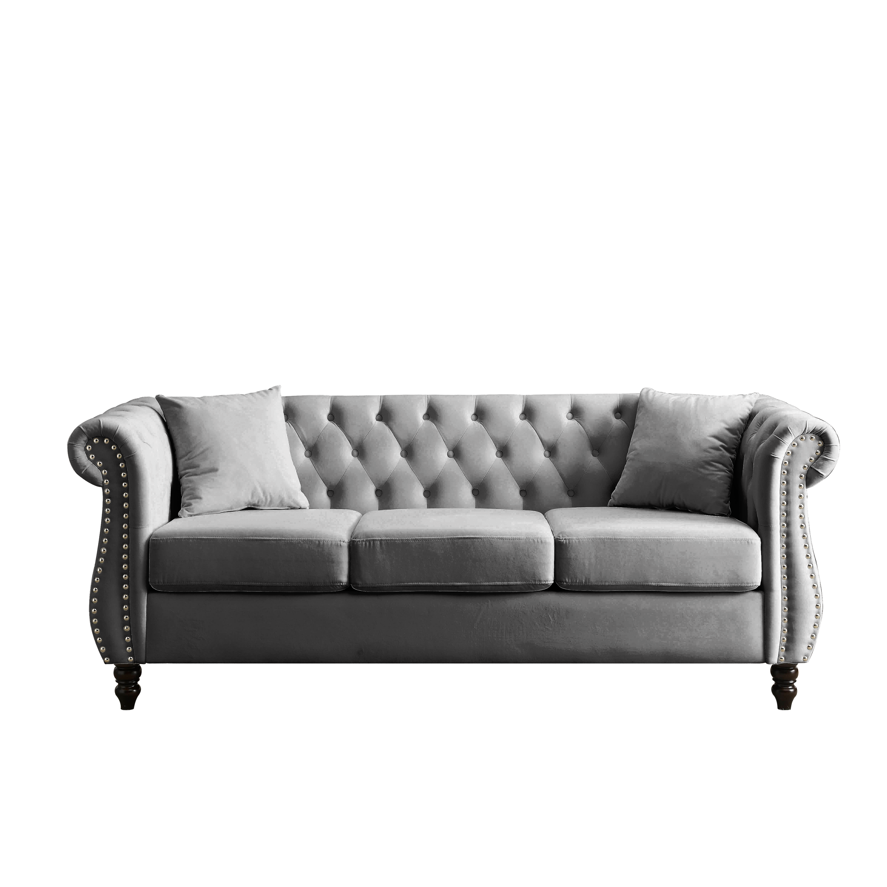 Grey Velvet 3-Seater Chesterfield Sofa with Rolled Arms and Nailhead Trim, Tufted Couch for Living Room, Bedroom, Office, Apartment, Includes Two Pillows - Grand Goldman Shop